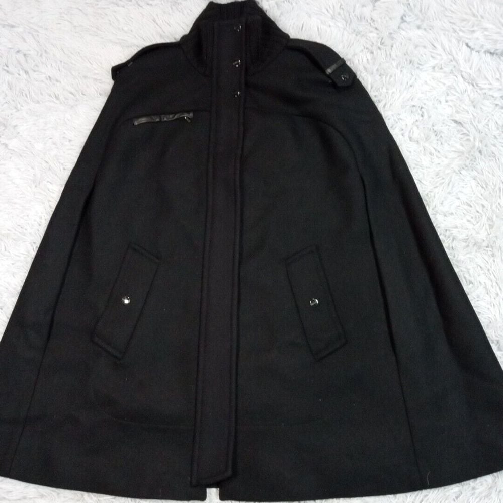 Cole Haan Cape Jacket Womens M Black Wool Polyamide Zip Snap Up Pockets Career