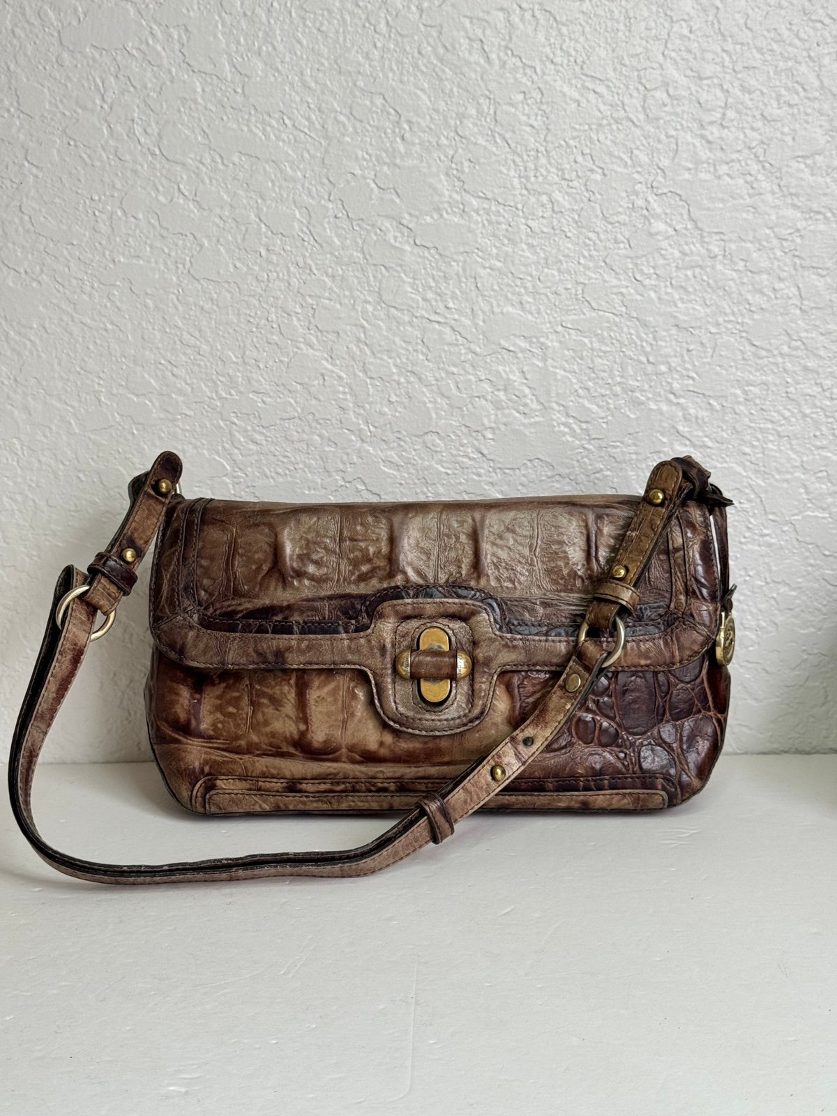 Brahmin Brown Croc Leather Adjustable Shoulder Crossbody Bag