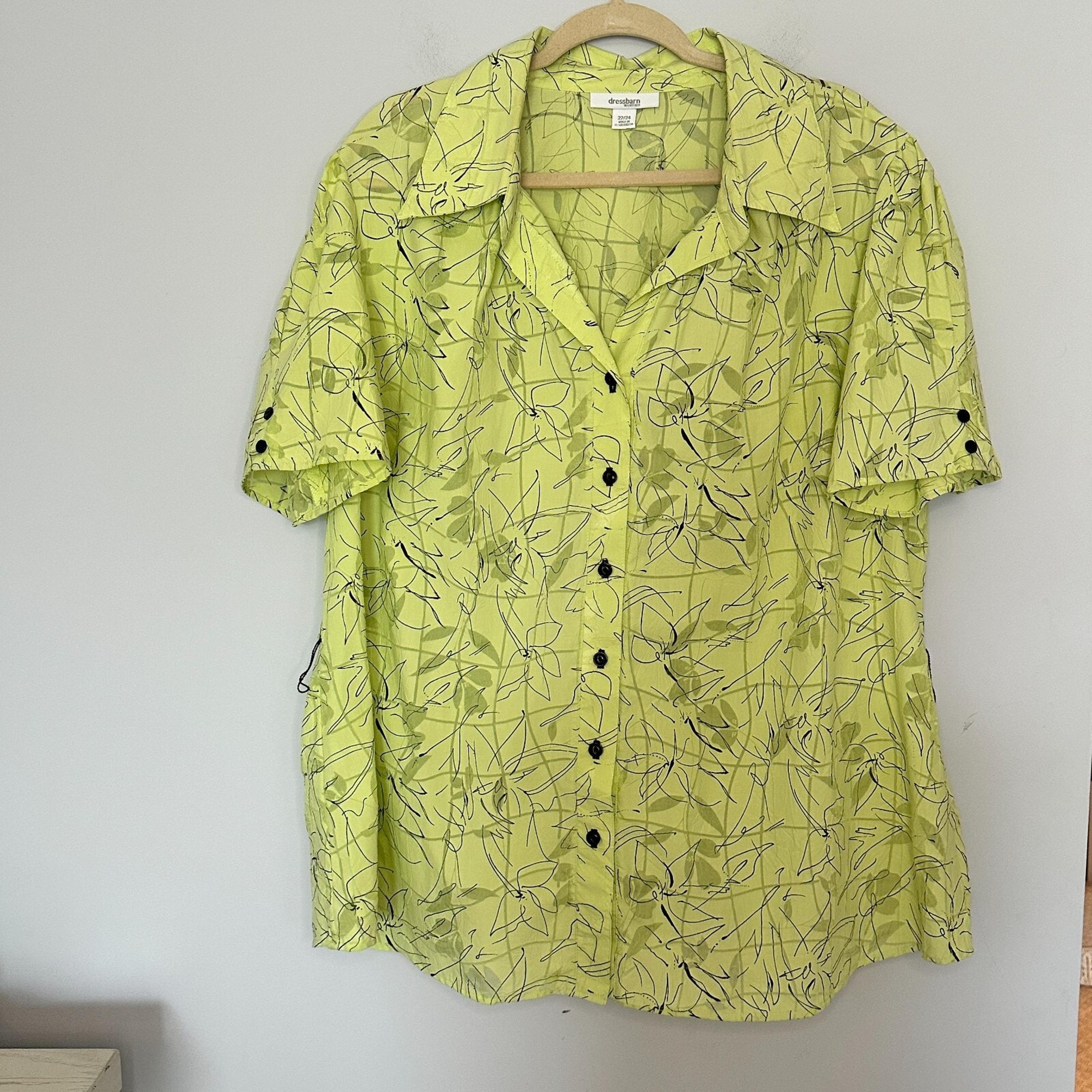 Dressbarn Button Down Top Plus Size 22/24 Lime Green Floral Tie Waist Sheer