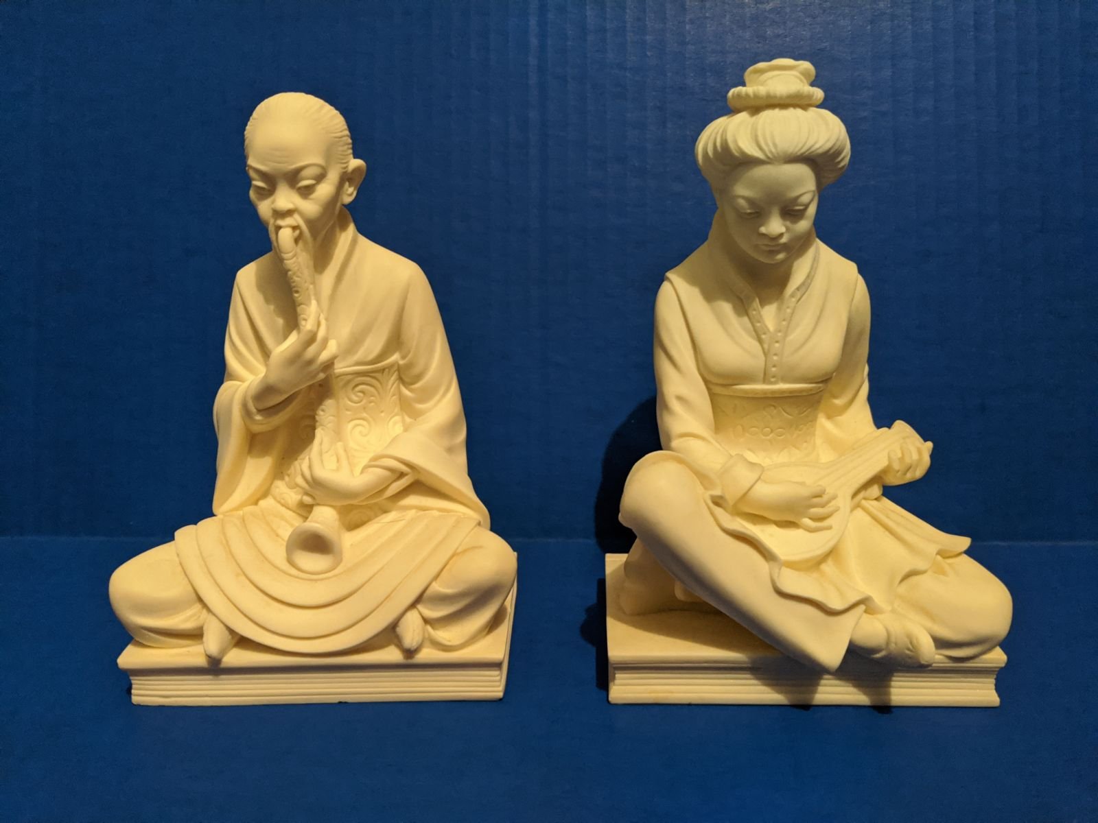 Vintage 1968 Signed Italian Sandstone Asian Musician Couple Bookends