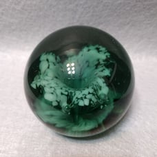 Large Green Glass Dump Paperweight with Flower, Handblown Art Glass Unmarked