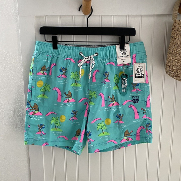 Party Pants Men’s Neon Dinosaur Beerlieve Print Swim Trunks Board Shorts Medium