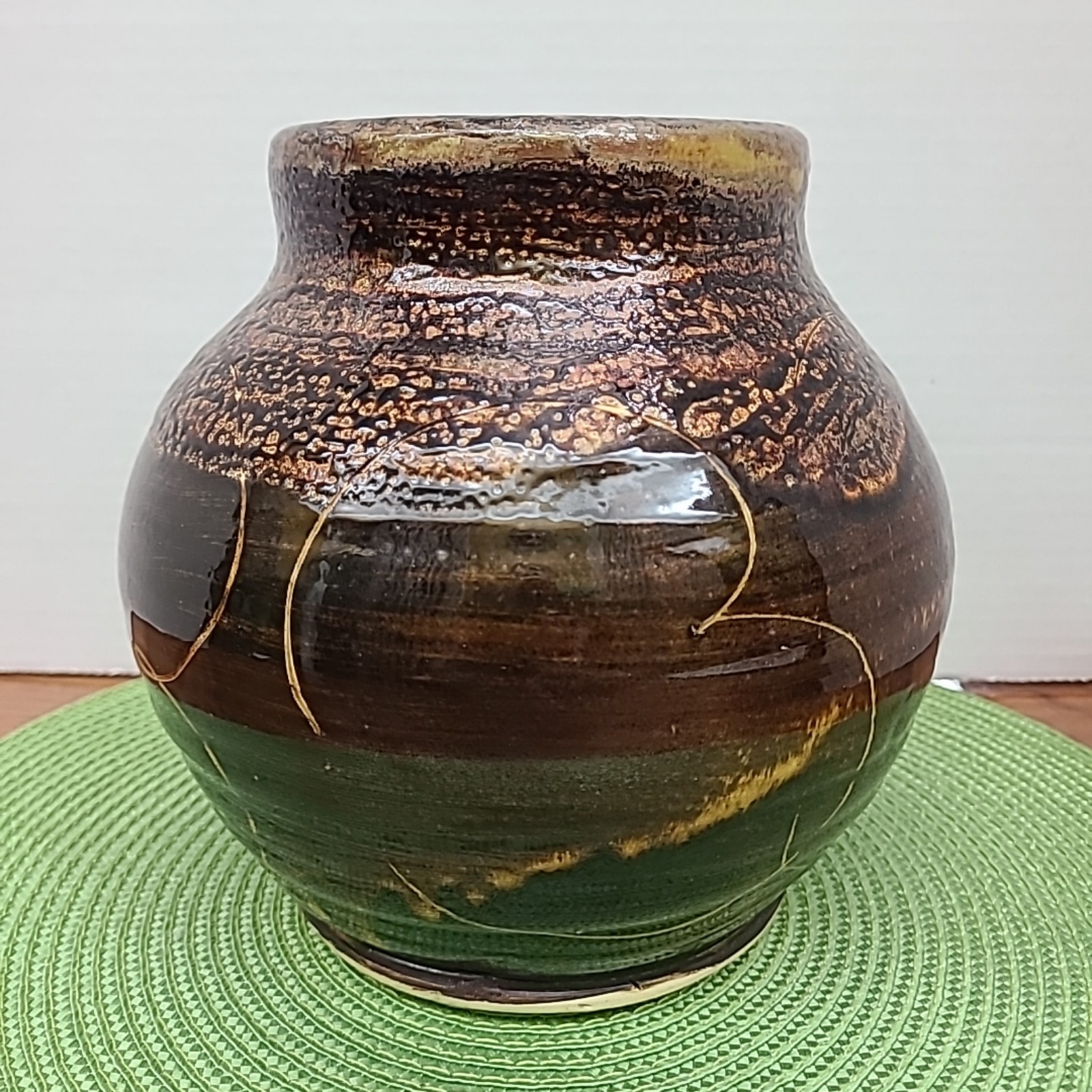 Handcrafted Art Pottery Signed Vase Brown Glazed Flowers Vase 7.5 x7.5