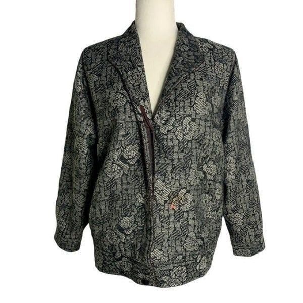 Vintage Wool Button Up Jacket L Grey Black Floral Lined Pockets Point Collar