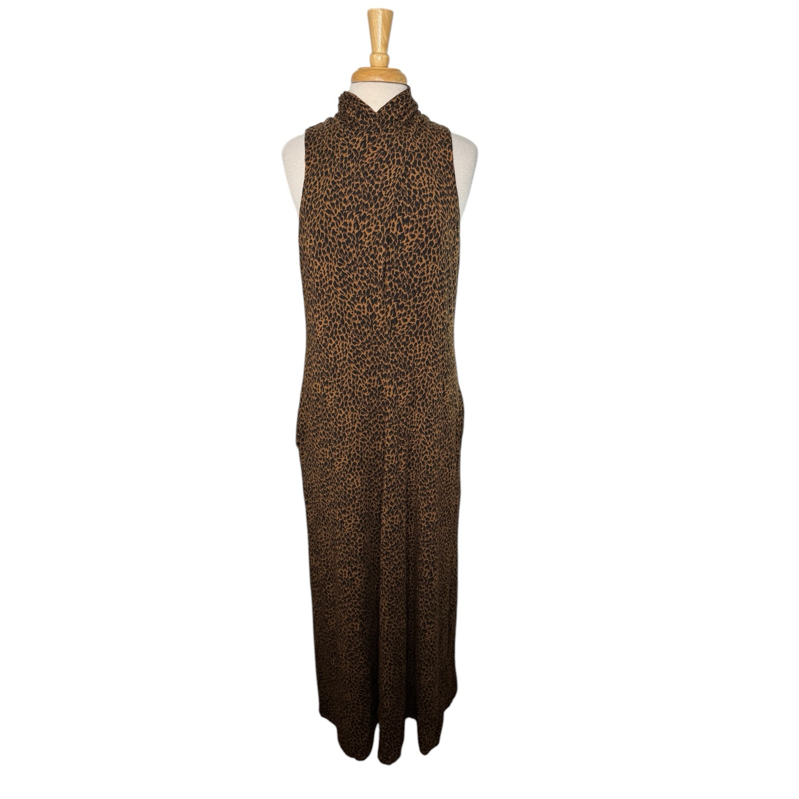 GARNET HILL Mock-Neck Knit Maxi Dress in Animal Print Sz Large Brown Black 49209