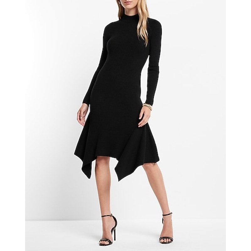 Express Black Ribbed Knit Long Sleeve Mock Neck Asymmetric Sweater Midi Dress M