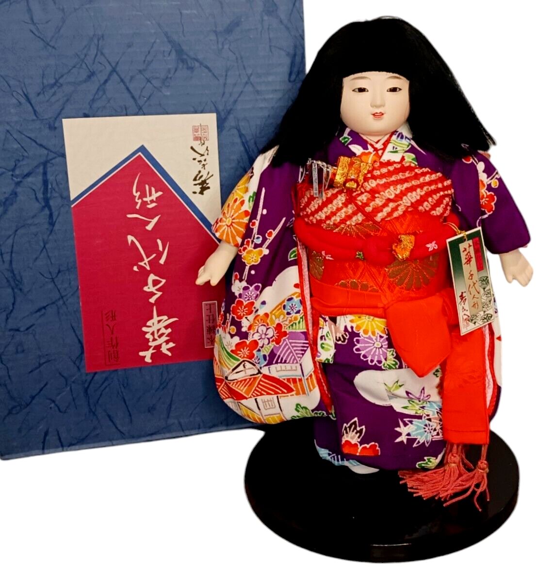 VTG Japanese Ichimatsu Ningyo Doll Standing Orange & Purple Kimono w/ Box Japan