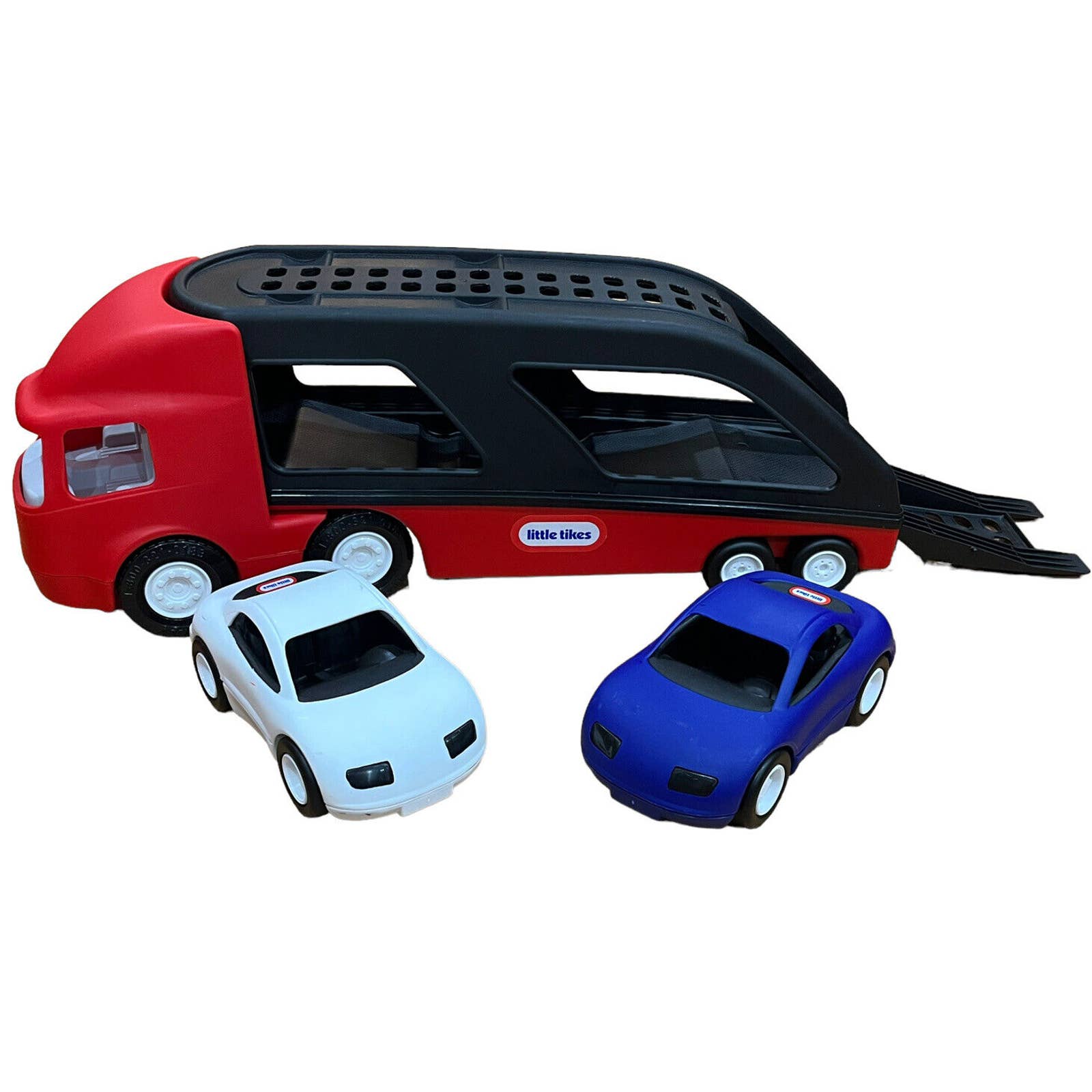 Little Tikes Large Car Carrier Hauler Black Red Semi Truck Trailer & Sports Cars