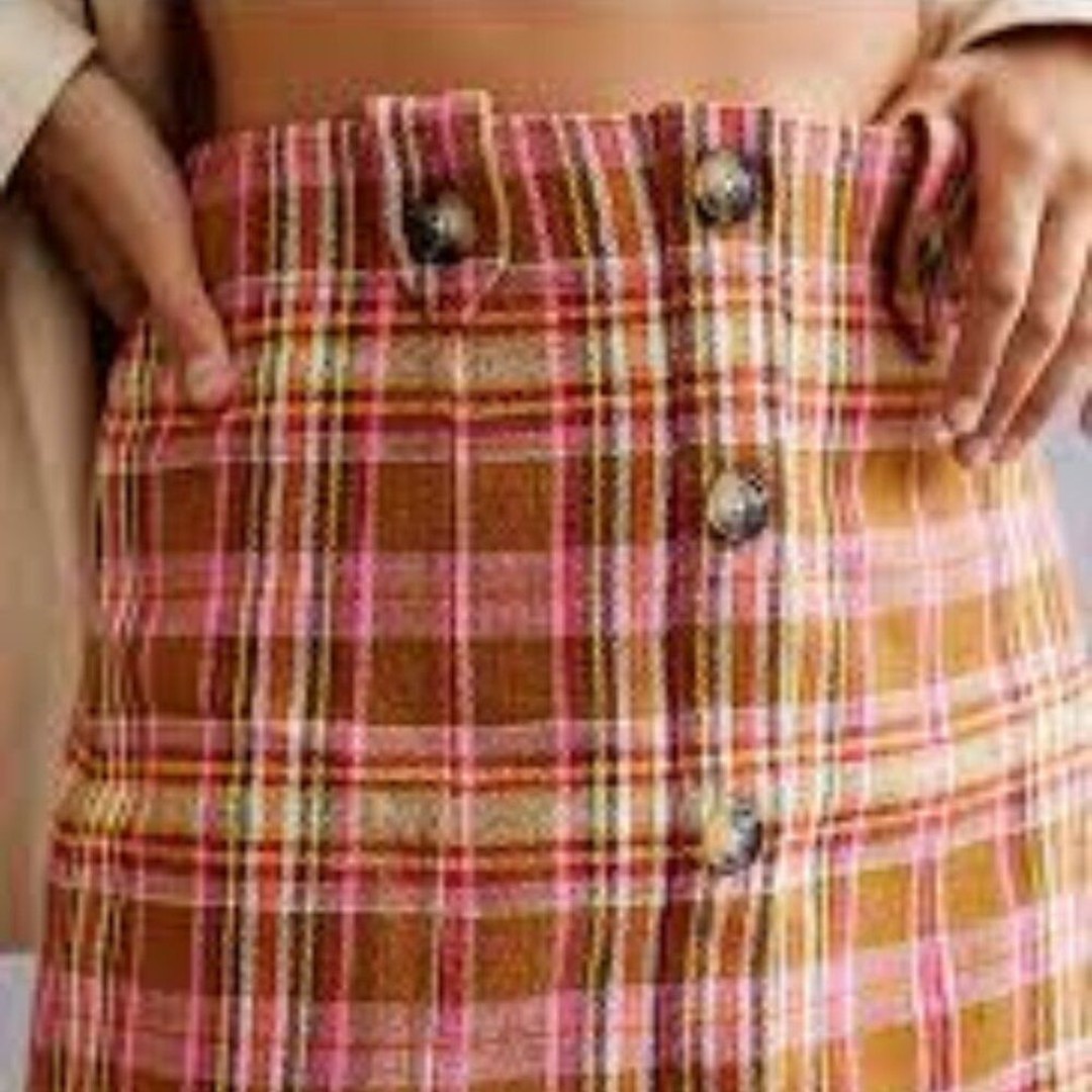 Maeve by Anthropologie Button-Front Mini Skirt Pink Plaid Woman’s 12