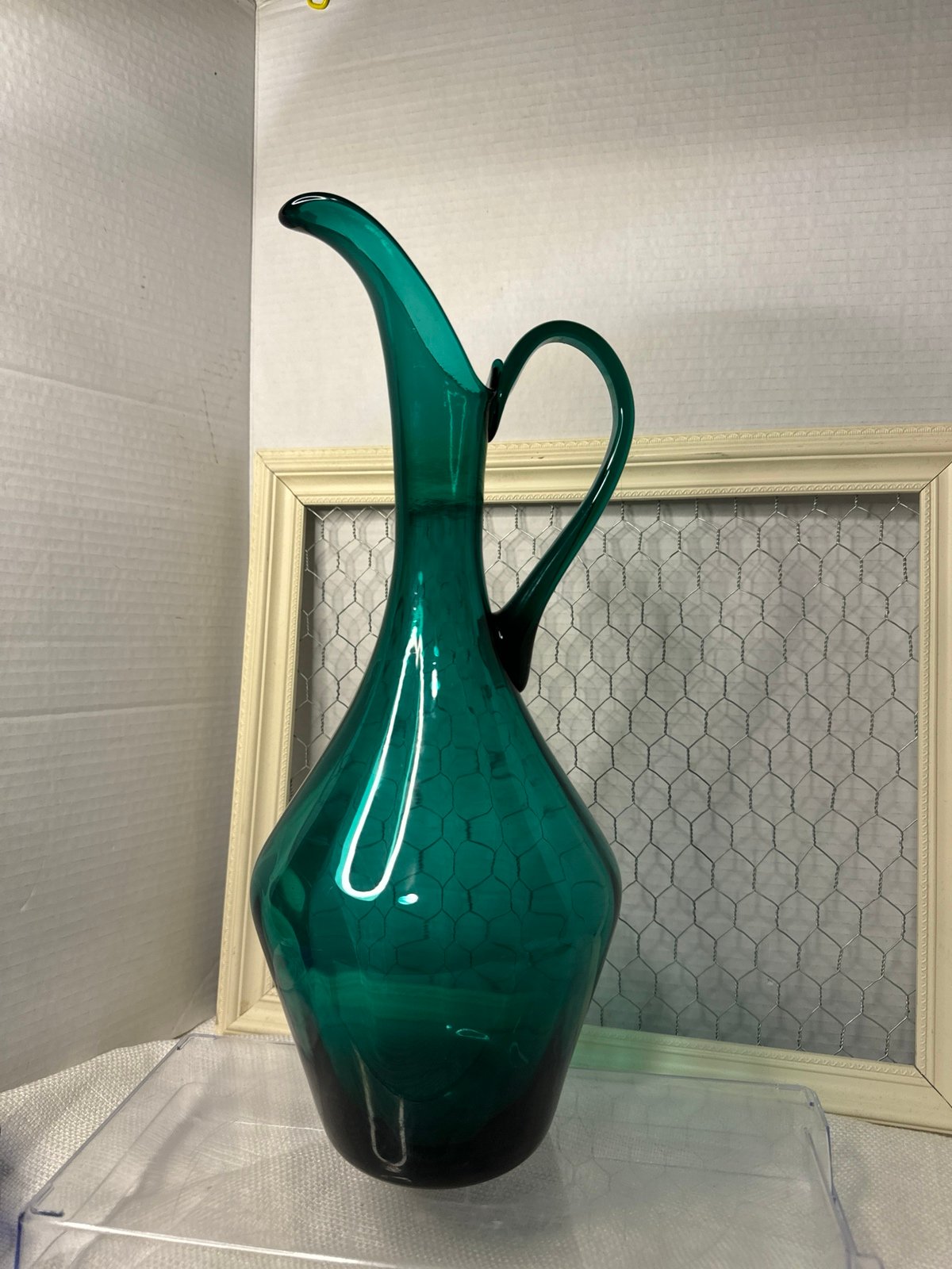 Vintage Large Blenko Emerald Green Optic Hand Blown Glass Pitcher