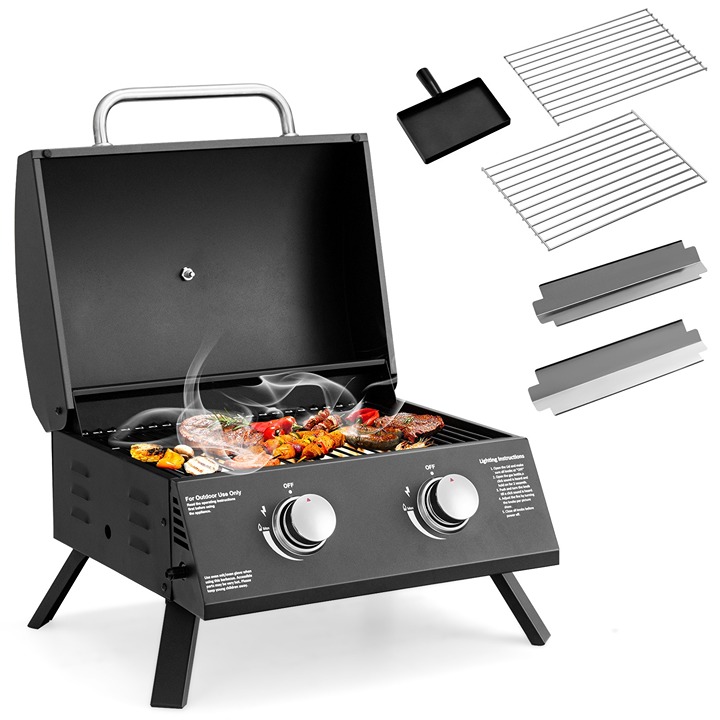 Portable Gas Grill Folding Tabletop Barbecue Grill with Dual Control Knobs
