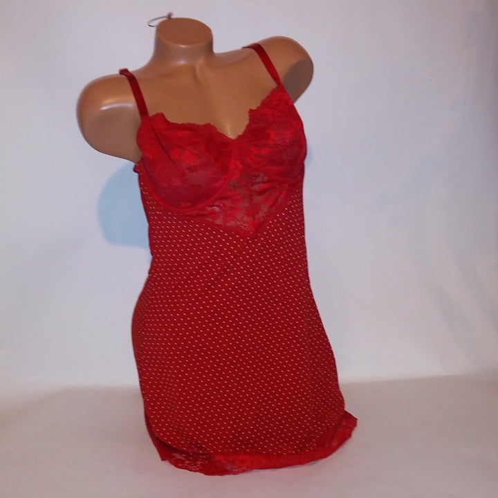 Victoria Secret Lingerie Chemise Slip Red Polka Dots Lace Trim Modal XL