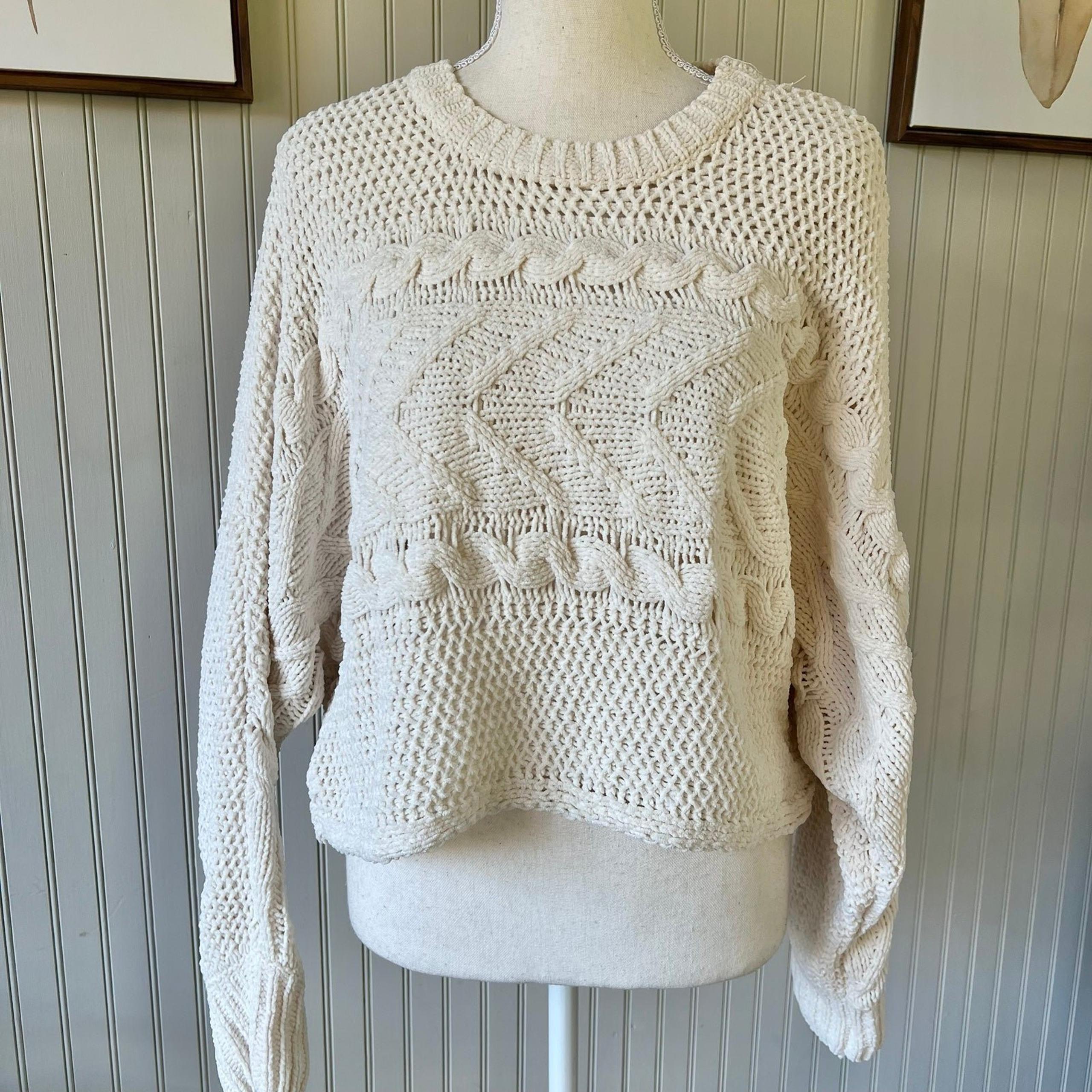Garage Cable Knit Mixed Crème Crop Pullover Sweater