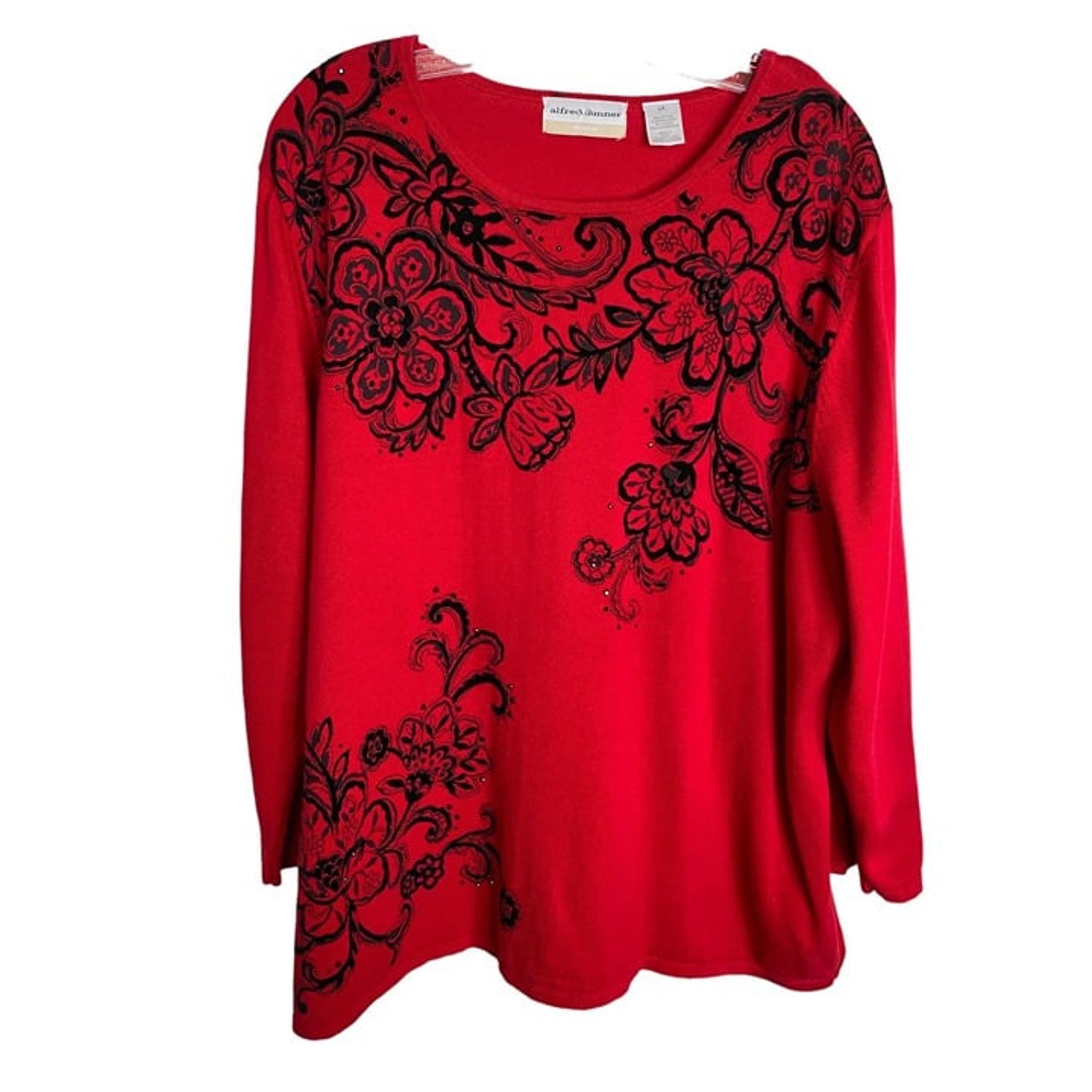 Alfred Dunner Womens Red Beaded Round Neck Long Sleeve Sweater Size 2X