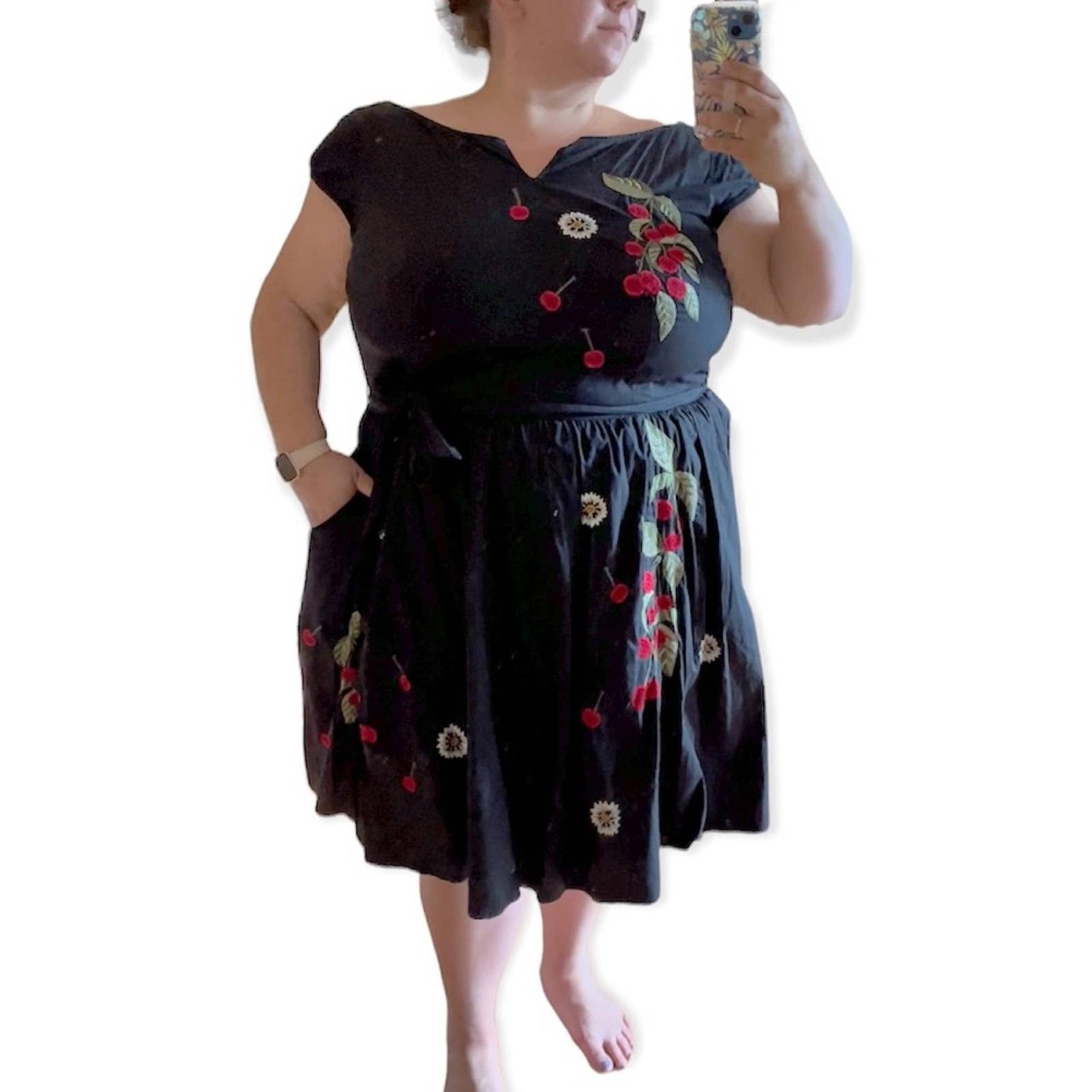Eshakti cherry and daisy embroidered retro pinup fit and flare dress