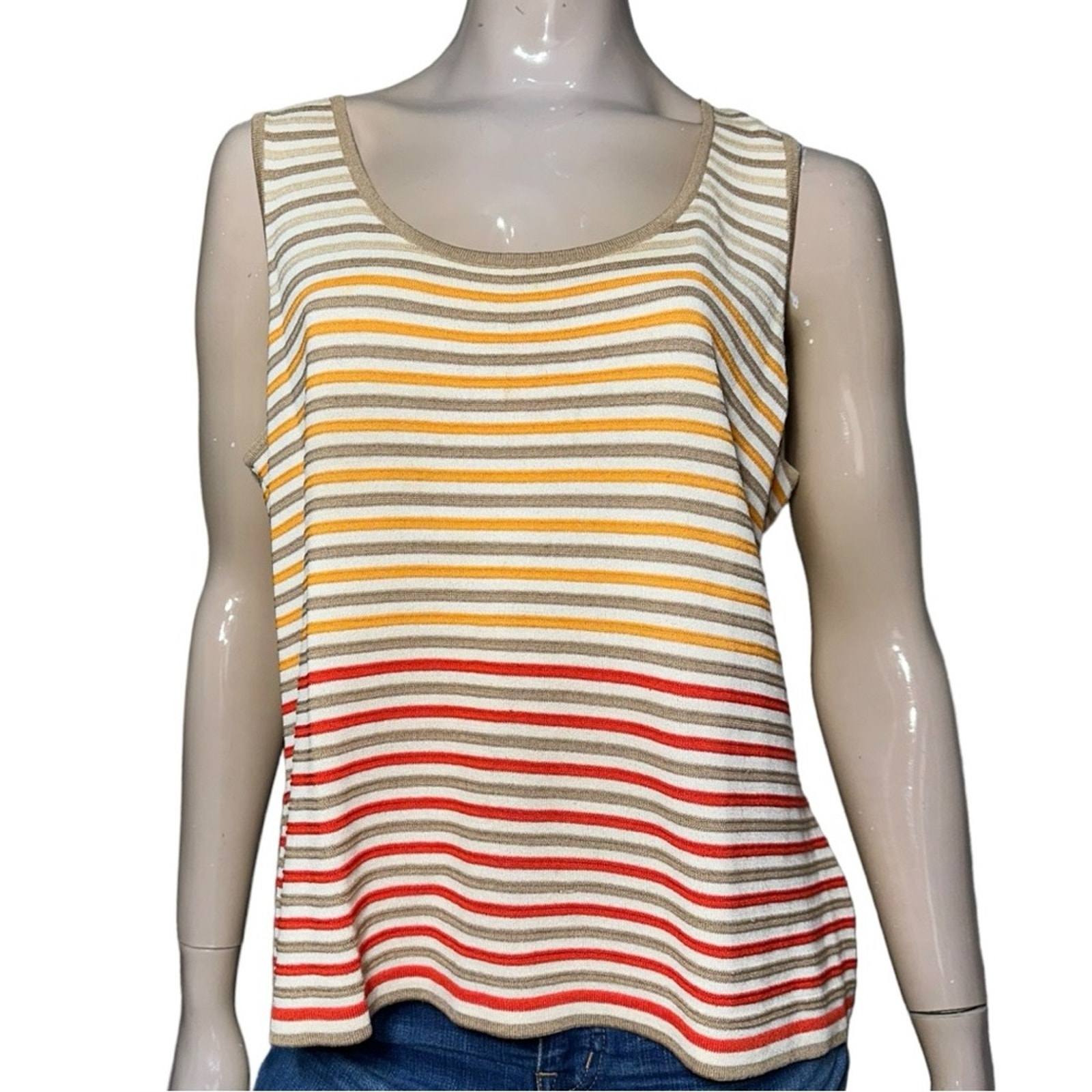 St. John Size L Cream Orange Red Tan Striped Sweater Knit Sleeveless Tank Top