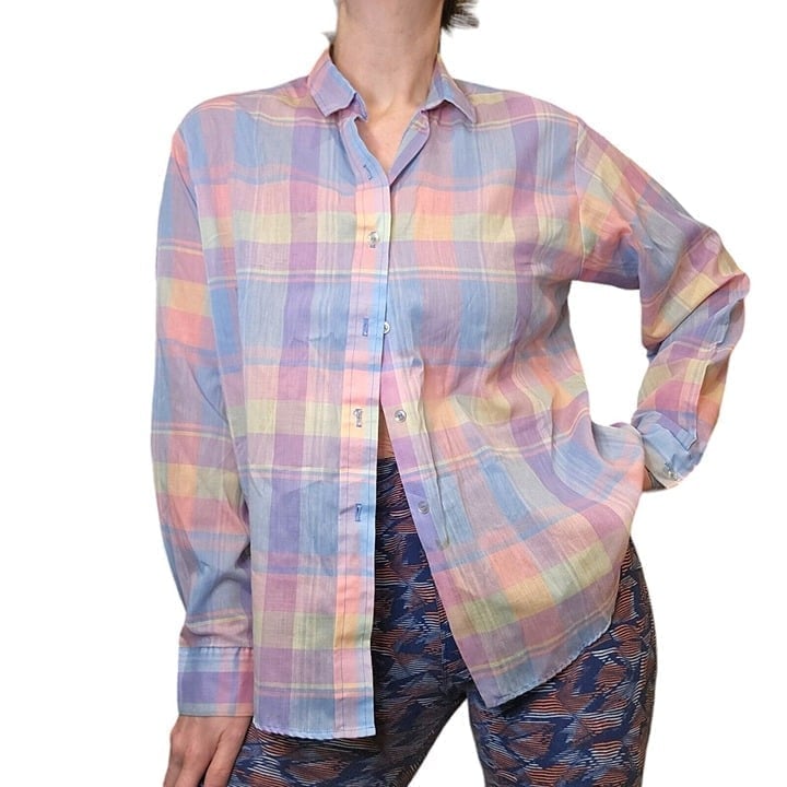 Pastel Plaid Womens Thin Button Up Shirt Large Vintage 70s 80s Soft Girl