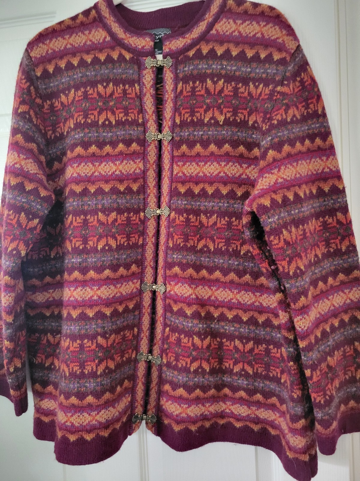 SKYR Vtg 90s Womens Lambs Wool Knit Rainbow Fair Isle Clasp Cardigan Sweater 1XL