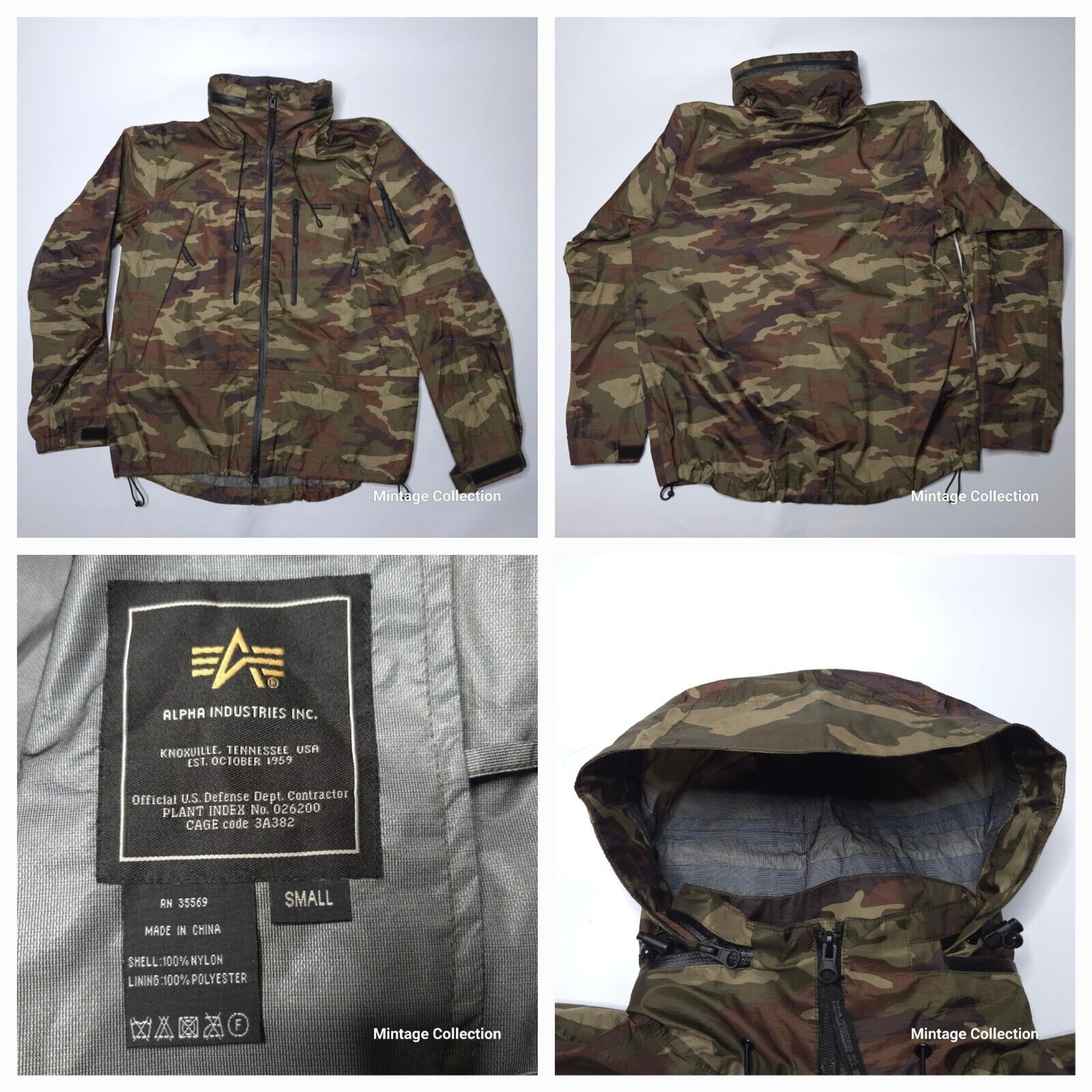 ALPHA INDUSTRIES MILITARY CAMO NYLON FULL ZIP HOODED WINDBREAKER JACKET Sz SMALL
