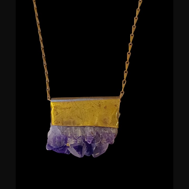 925 Sterling Silver Brass Tone 30.25 Amethyst Chunk 1.62 W 1.46 L Necklace