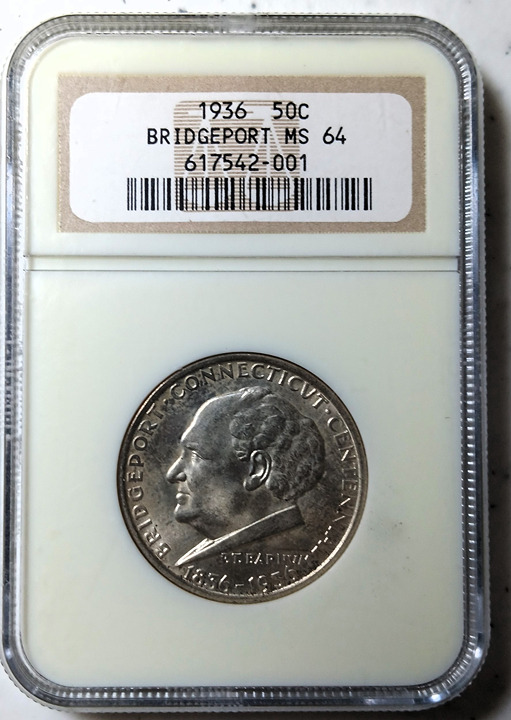 Uncirclated 1936 Bridgeport Commemorative Half Dollar NGC-64