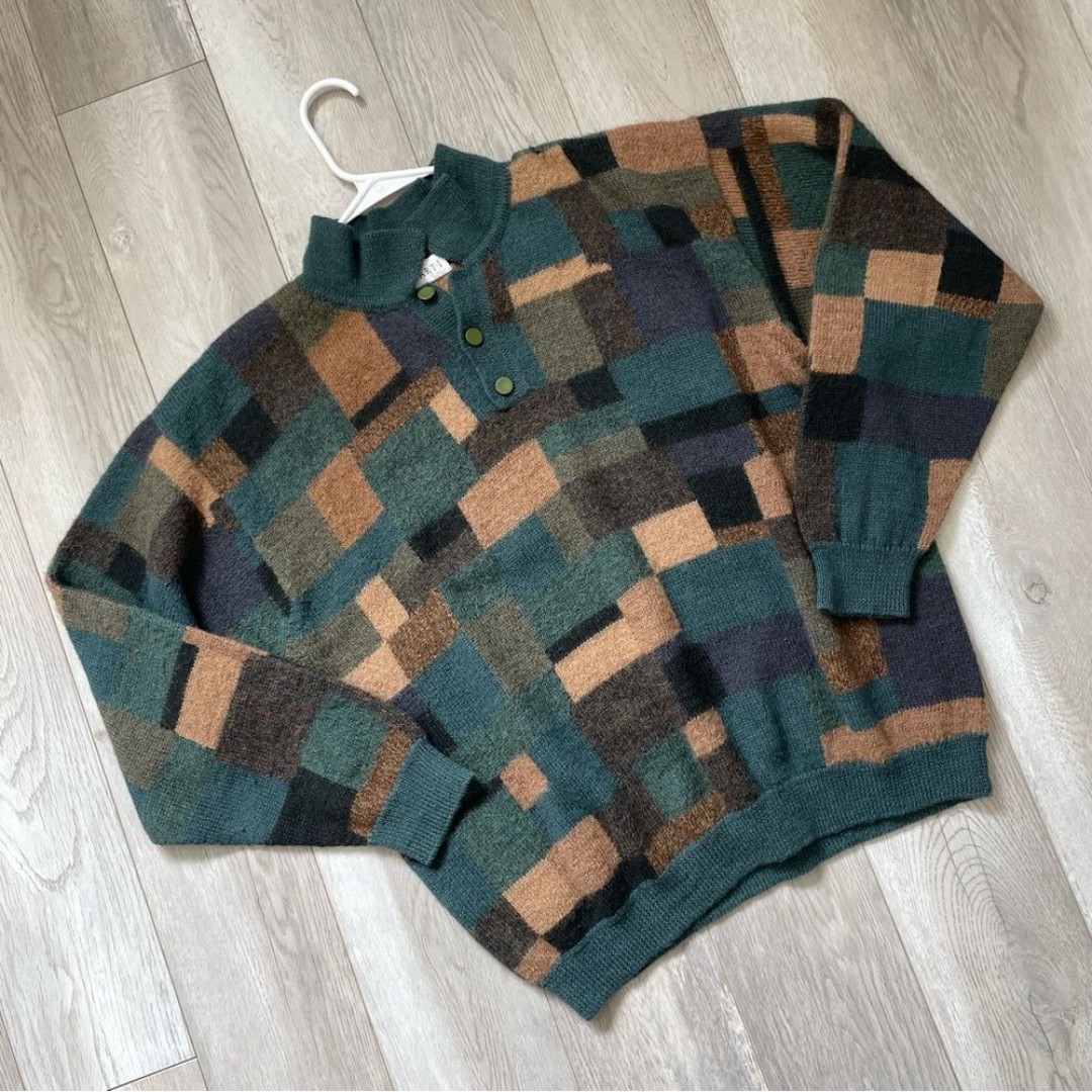 ASARTI Alpaca Sweater check pure wool mens Green (large) hand intarsia grandpa