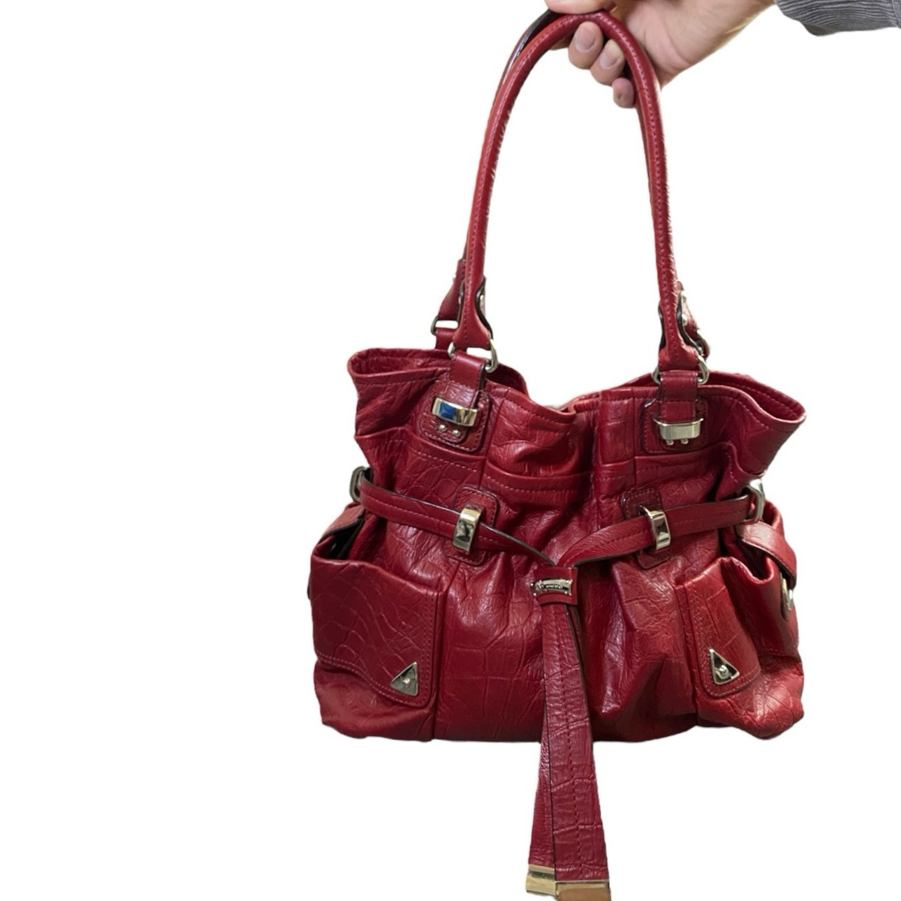 B Makowsky Croco Embossed Red Leather Shoulder Bag