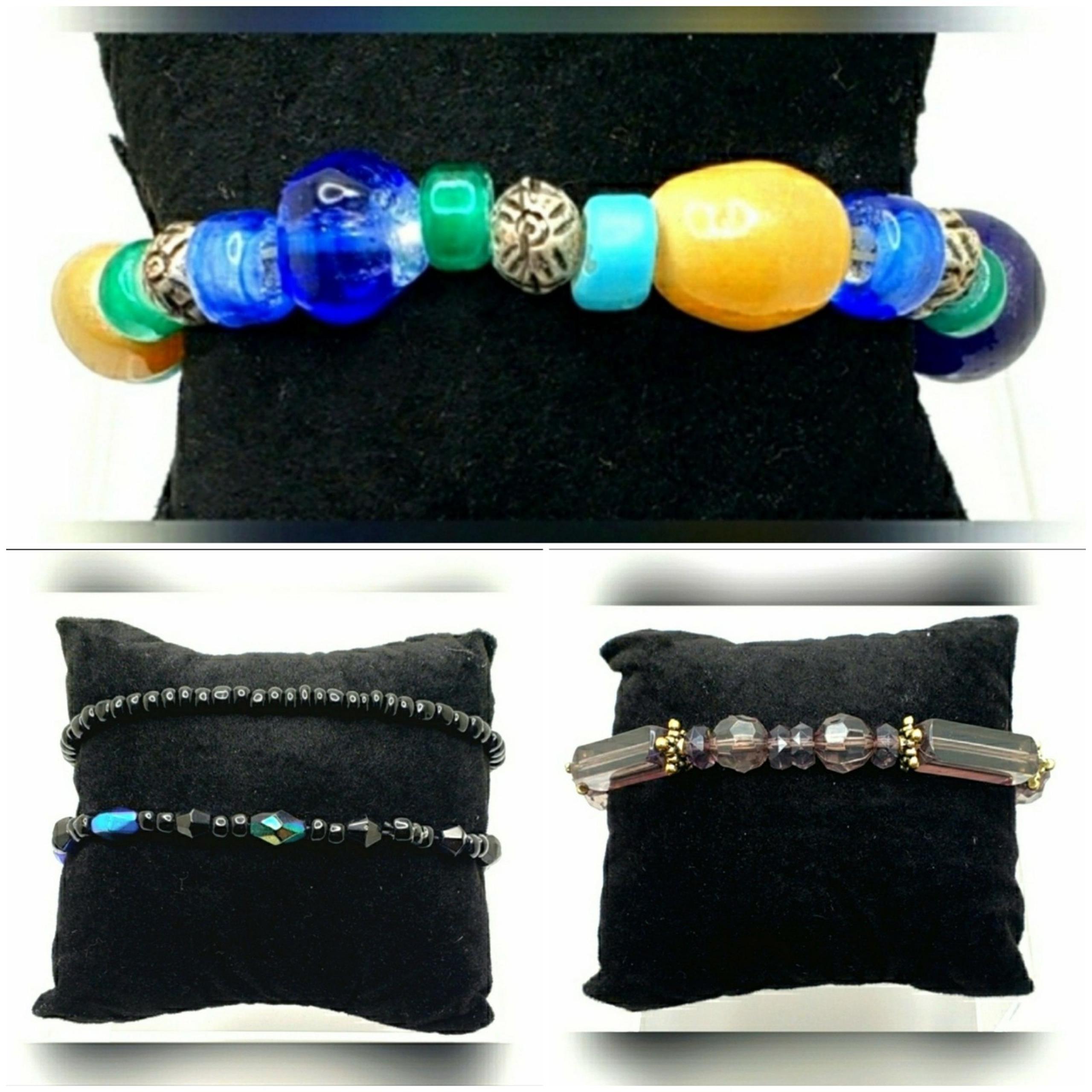 Bracelet Lot Black Silver Gray Blue Yellow Glass Beads Purple Acrylic Gold BrL5