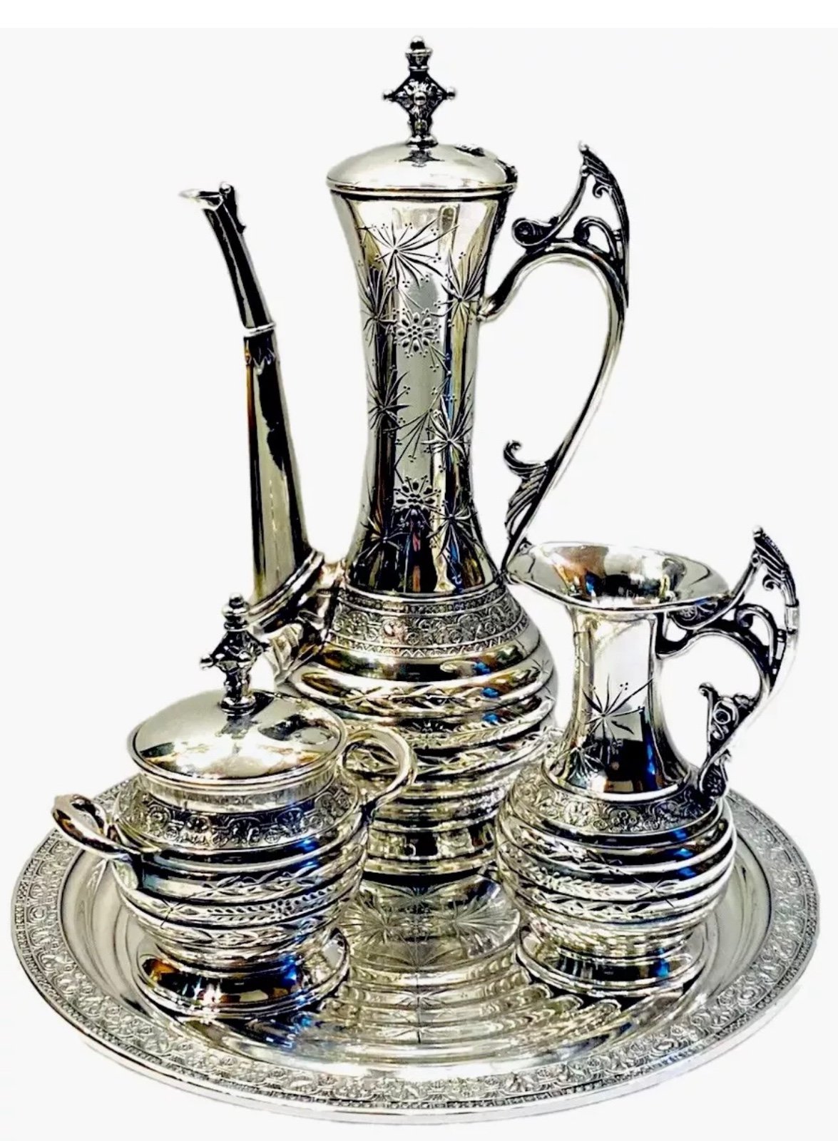 Antique Barbour Bros Silverplate Aesthetic Period Turkish Revival Tea Set c.1882