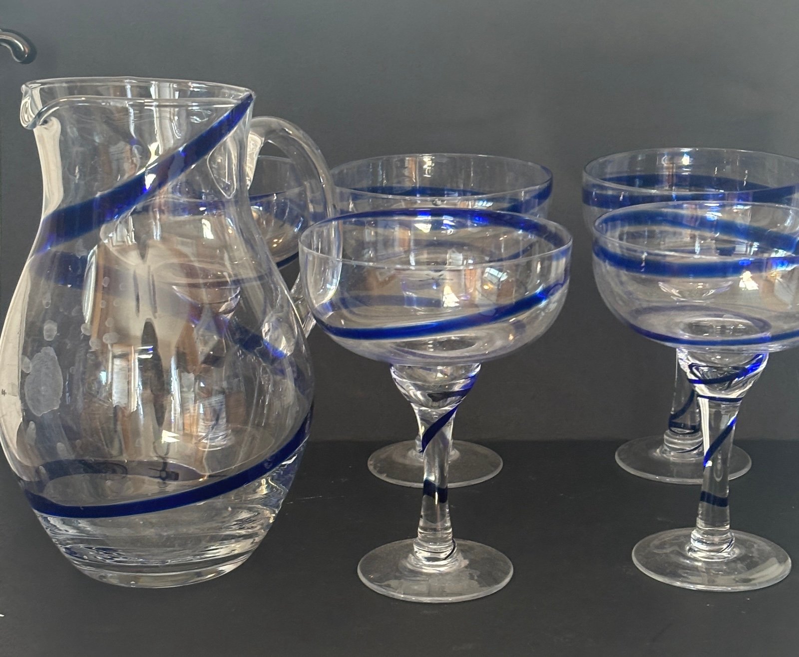 SWIRLINE COBALT PIER 1 Clear Glass w/Cobalt Swirl Pitcher & 5 Margarita Glasses