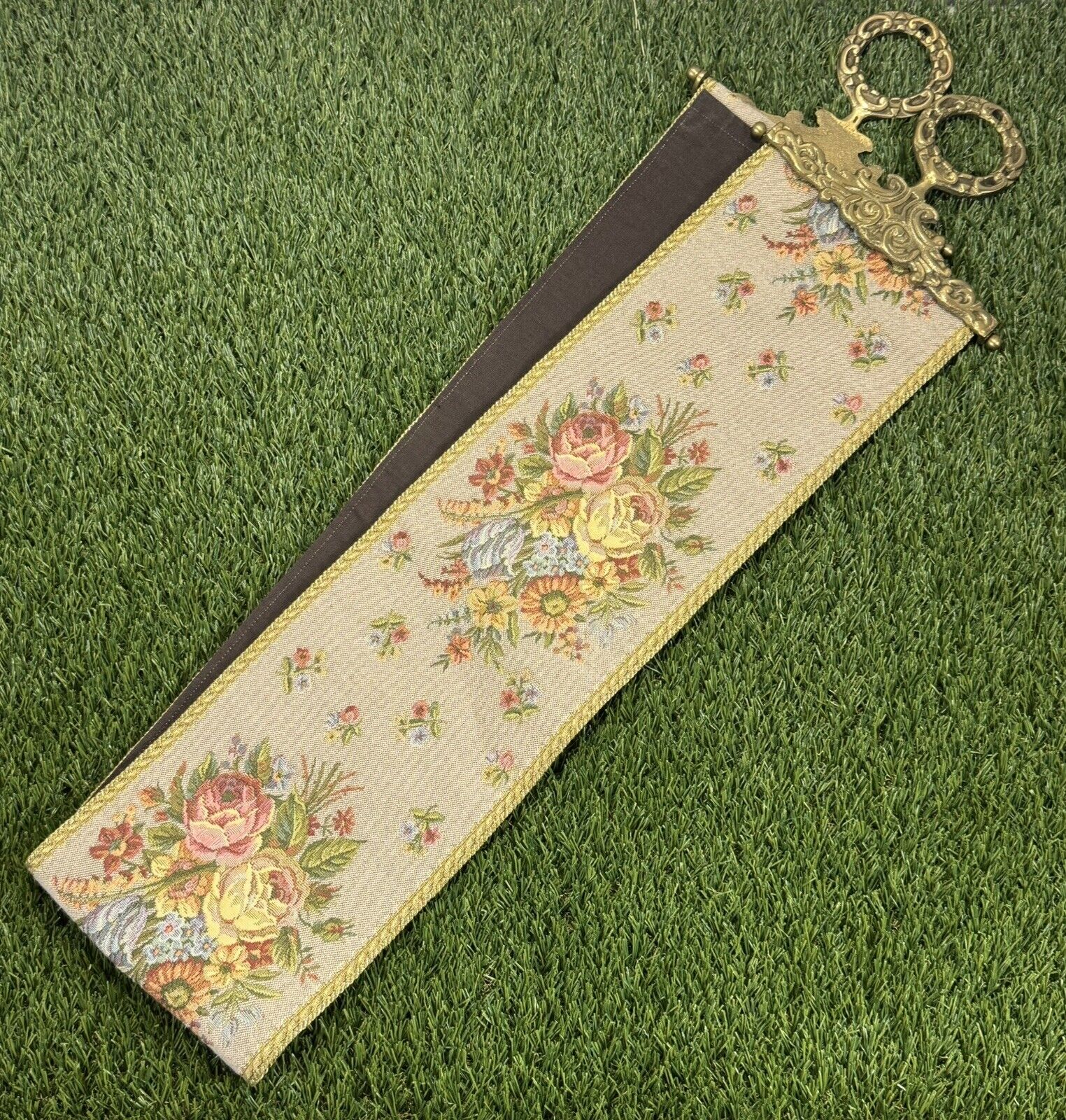 Vintage Floral Tapestry Bell Pull Brass Ends With Hanger Hook
