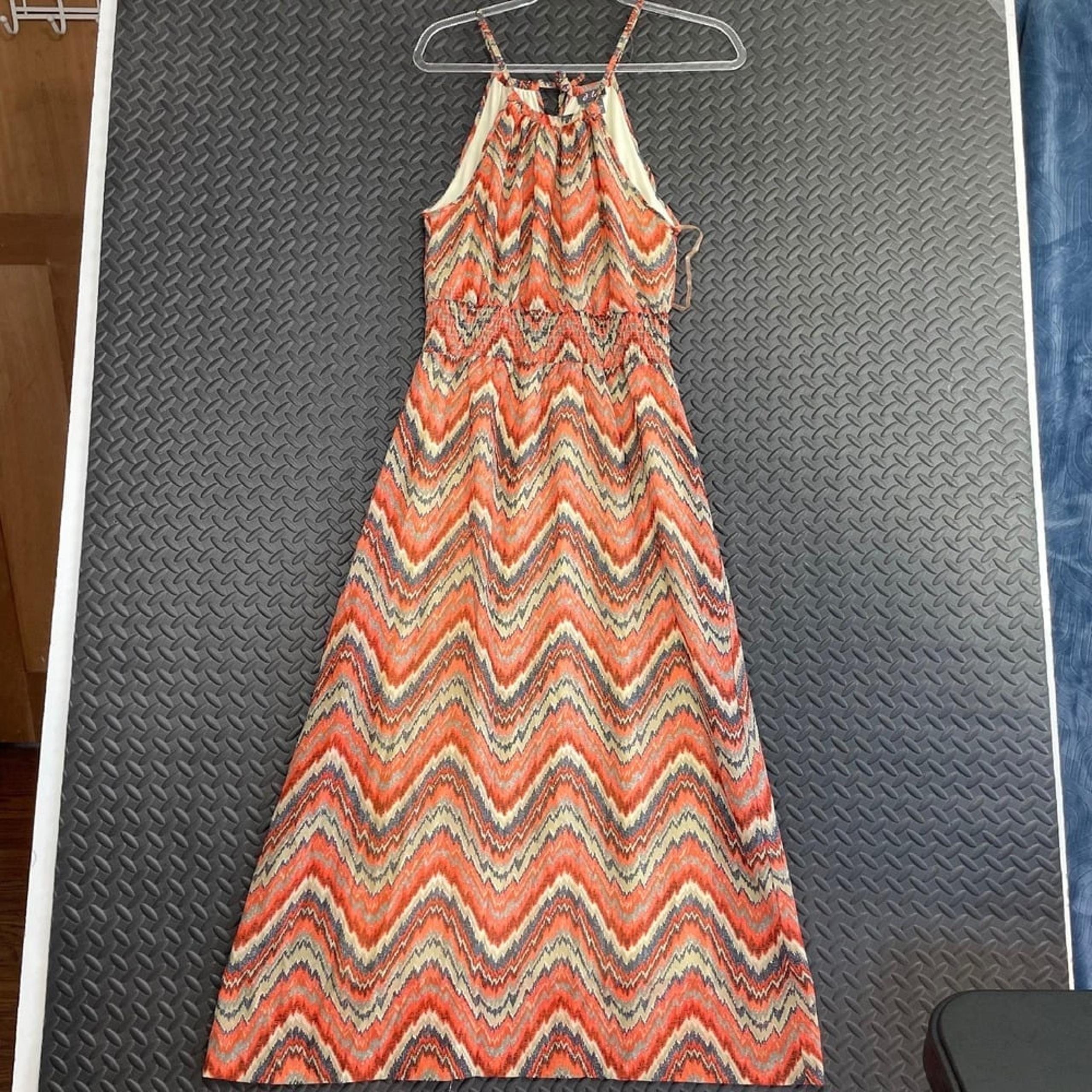 Dots Geometric Pattern Maxi Dress Orange Casual Wear Women's Size Medium
