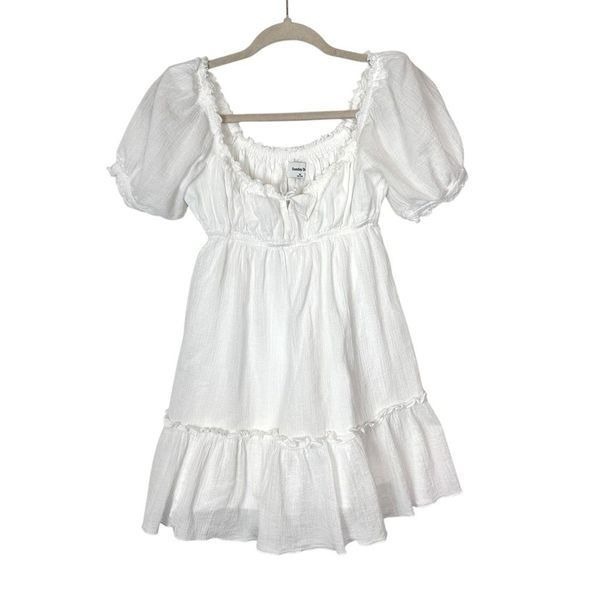 Aritzia Sunday Best Mini Dress XS White Organic Cotton Ruched Short Puff Sleeves