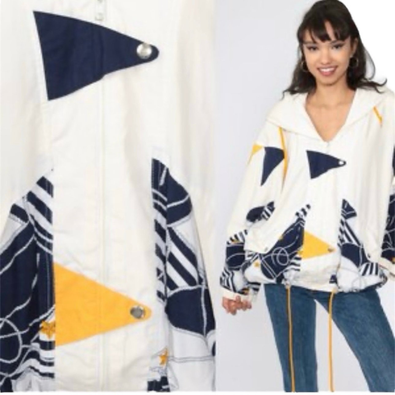 Vintage 80s Sailing Jacket Windbreaker Oversized White Blue Nautical Lined M