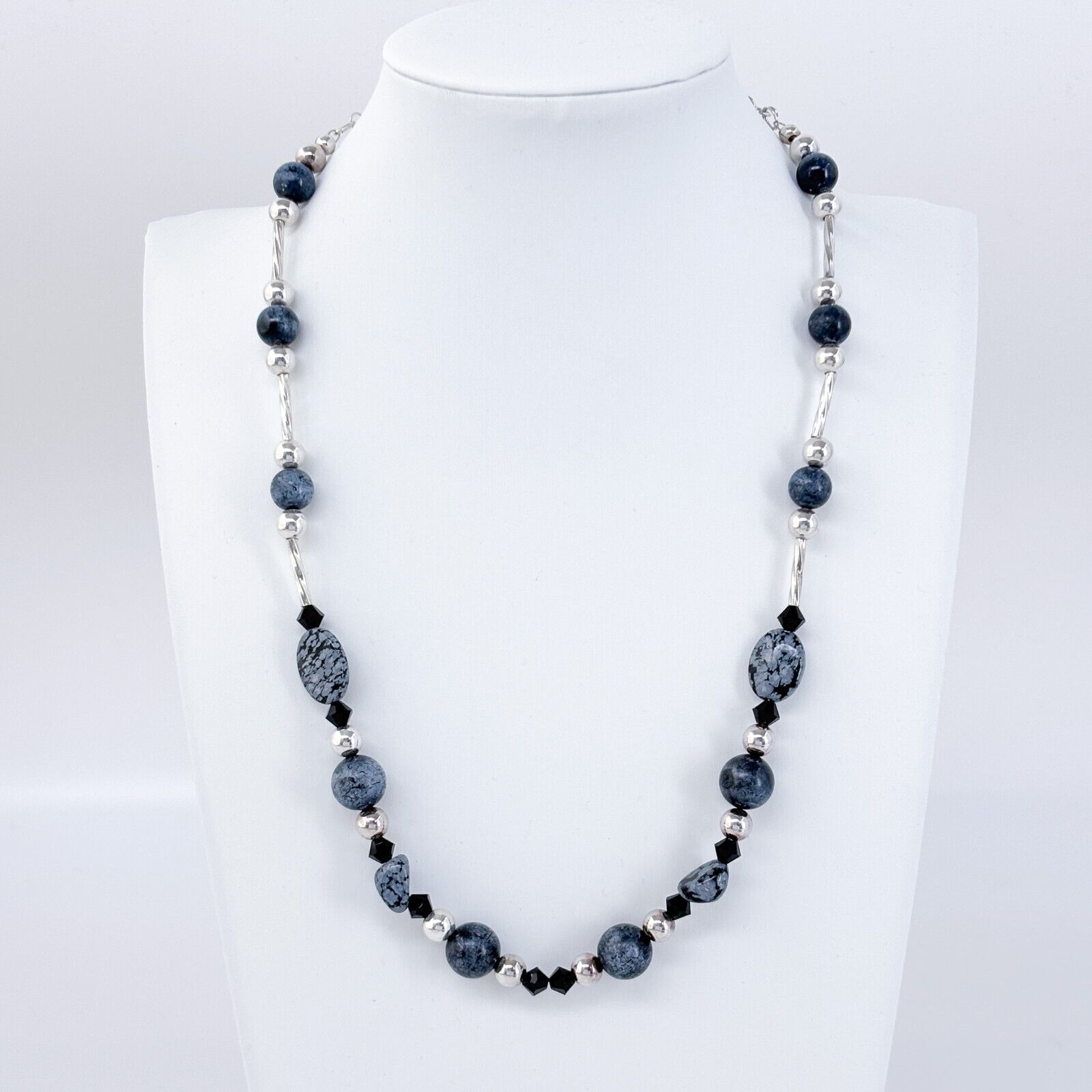 Vintage Sterling Silver 925 Snowflake Obsidian Glass Bead Necklace 18.5