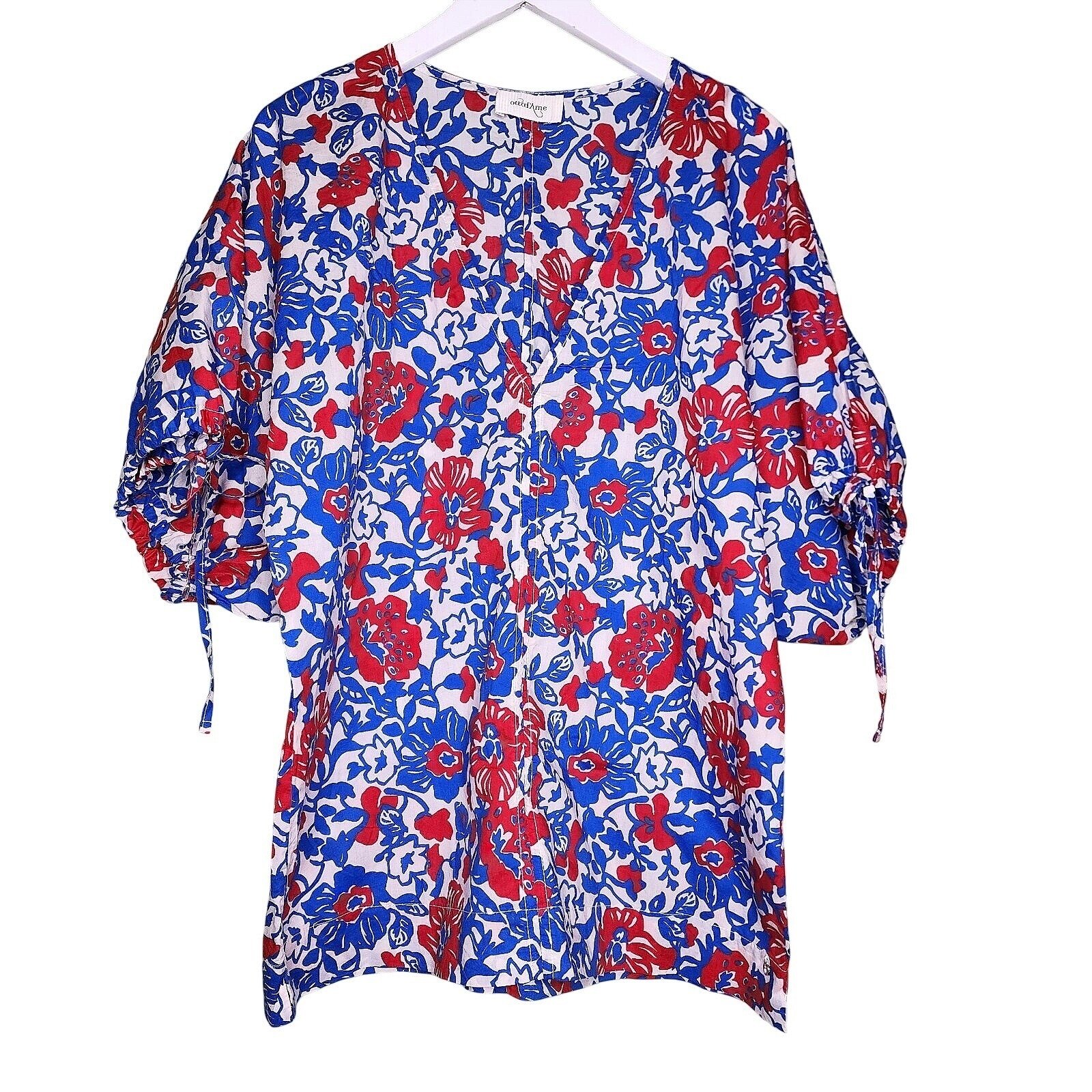 OTTOD'AME V-Neck Relax Fit Blouse Red Blue White Floral Pattern Cotton Size 2