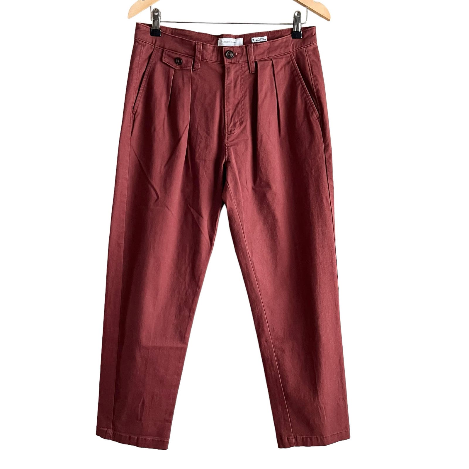 Urban Outfitters High Waisted Pleated Tapered Leg Trousers in Rust Red, Size 30