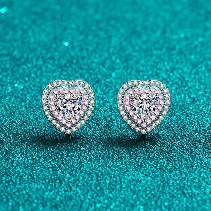 18K 925 Sterling Silver 0.5CT Heart Cut Moissanite Pink Inlaid Stud Earrings