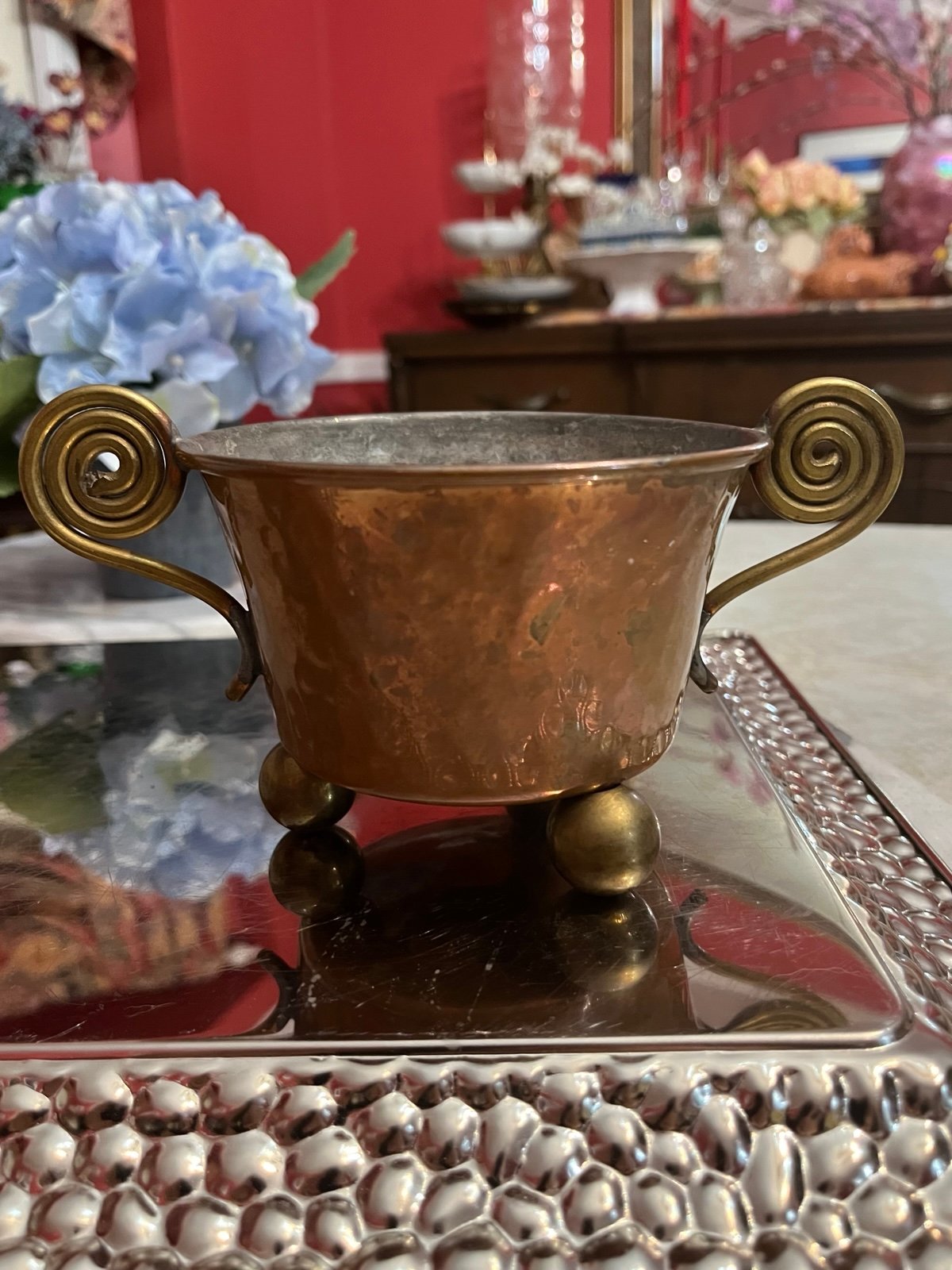 VTG Swedish Brass Cauldron w Scrolled Handles Rustic Scandinavian Folk Decor