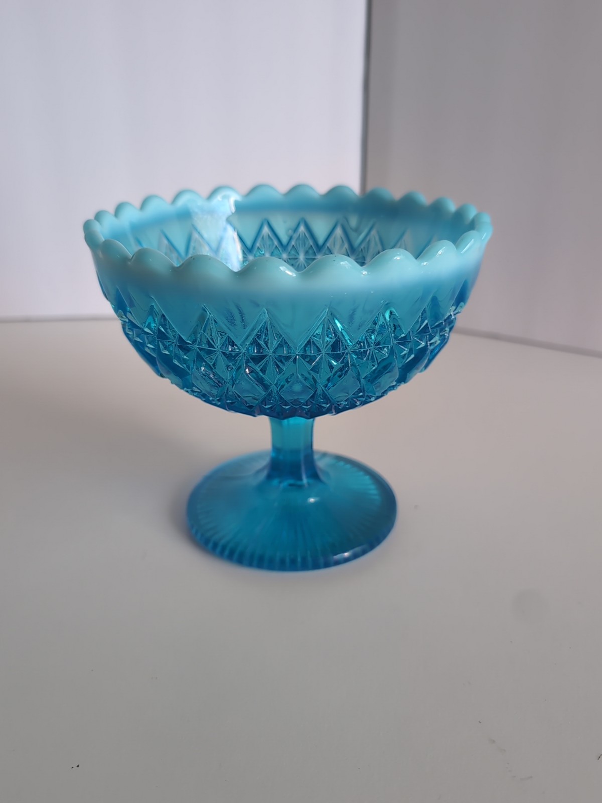 Antique Rare Victorian Blue Pearline Glass Pedestal Bowl with Davidson Prince
