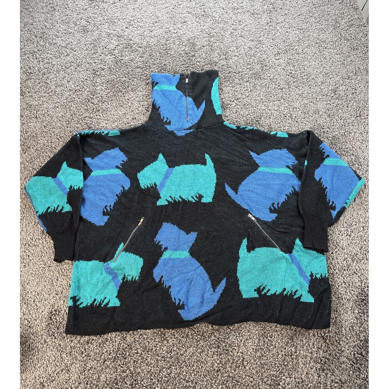 Vintage Cameron  Turtleneck Sweater Women's Free Size Knit Dogs Color Block 80s