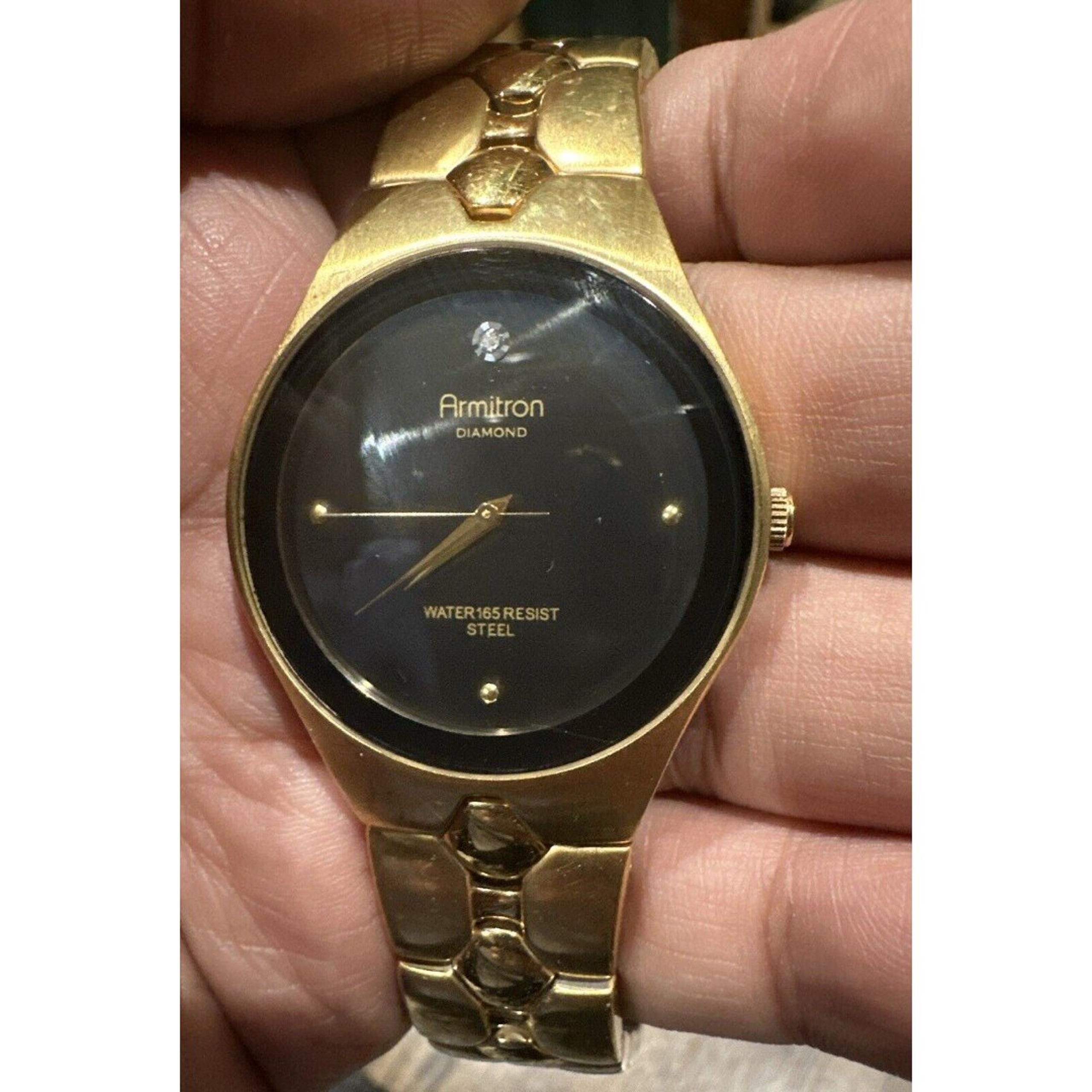 *Working* Vintage ARMITRON Diamond Men’s 36mm Gold Watch SS Bracelet