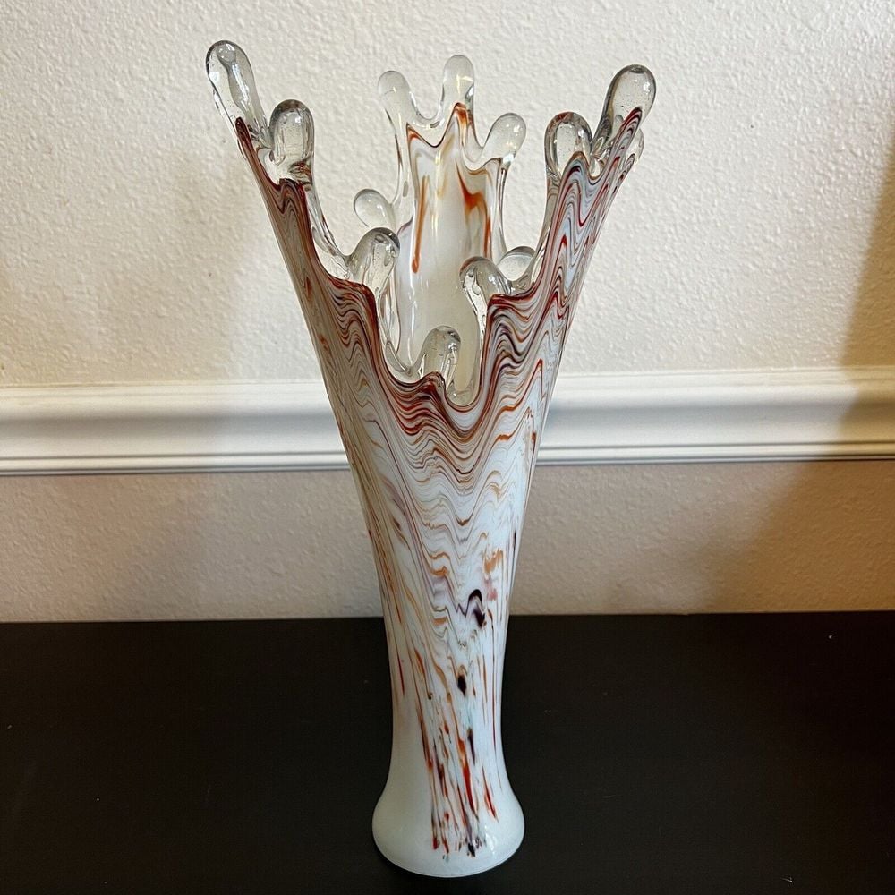 ART GLASS 14 Orange Clear White SPLASH stretch pulled HANDKERCHIEF VASE