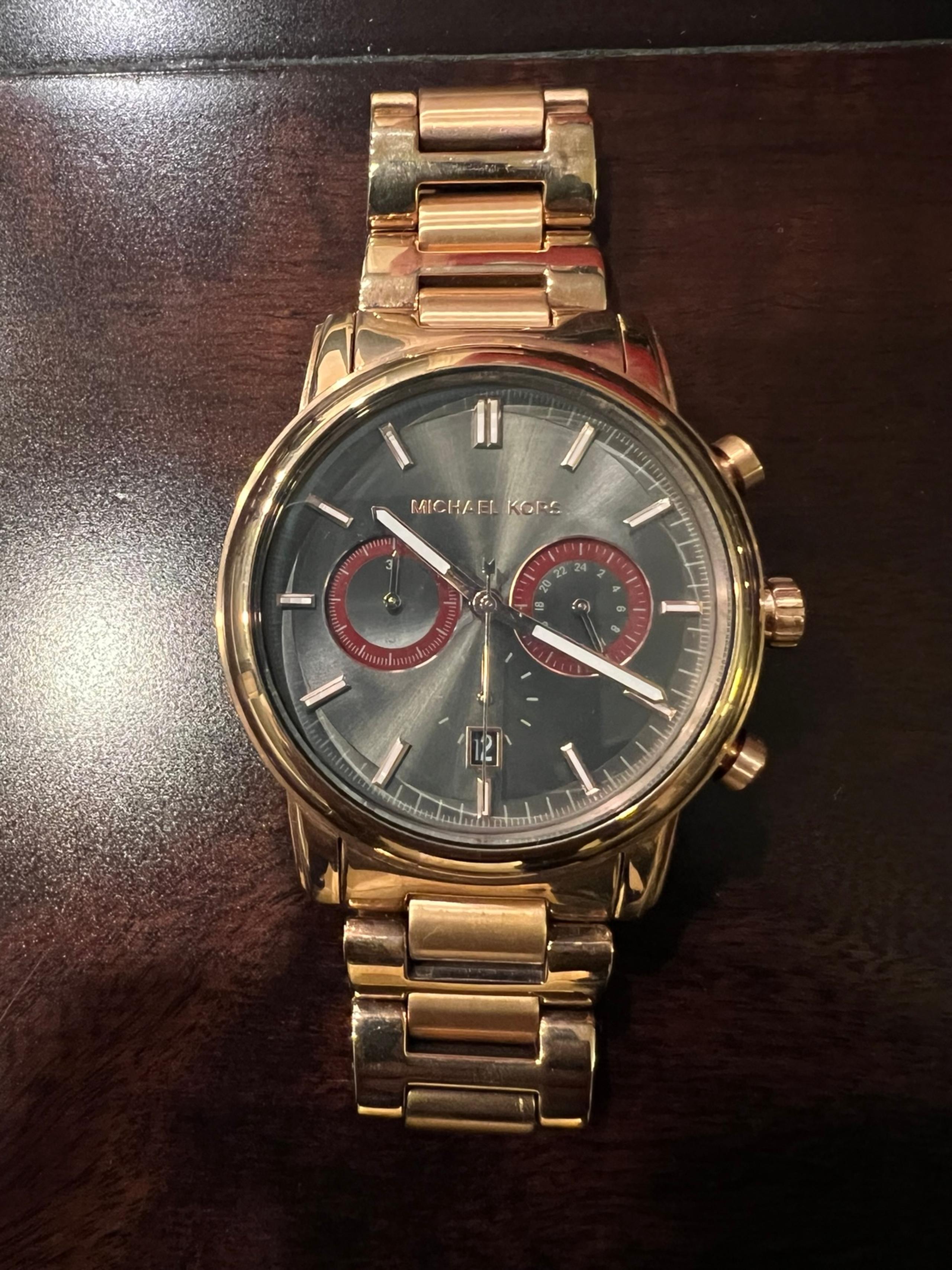 Men Michael Kors Pennant 43mm Rose Gold Tone Steel Grey Dial Quartz Watch MK8370