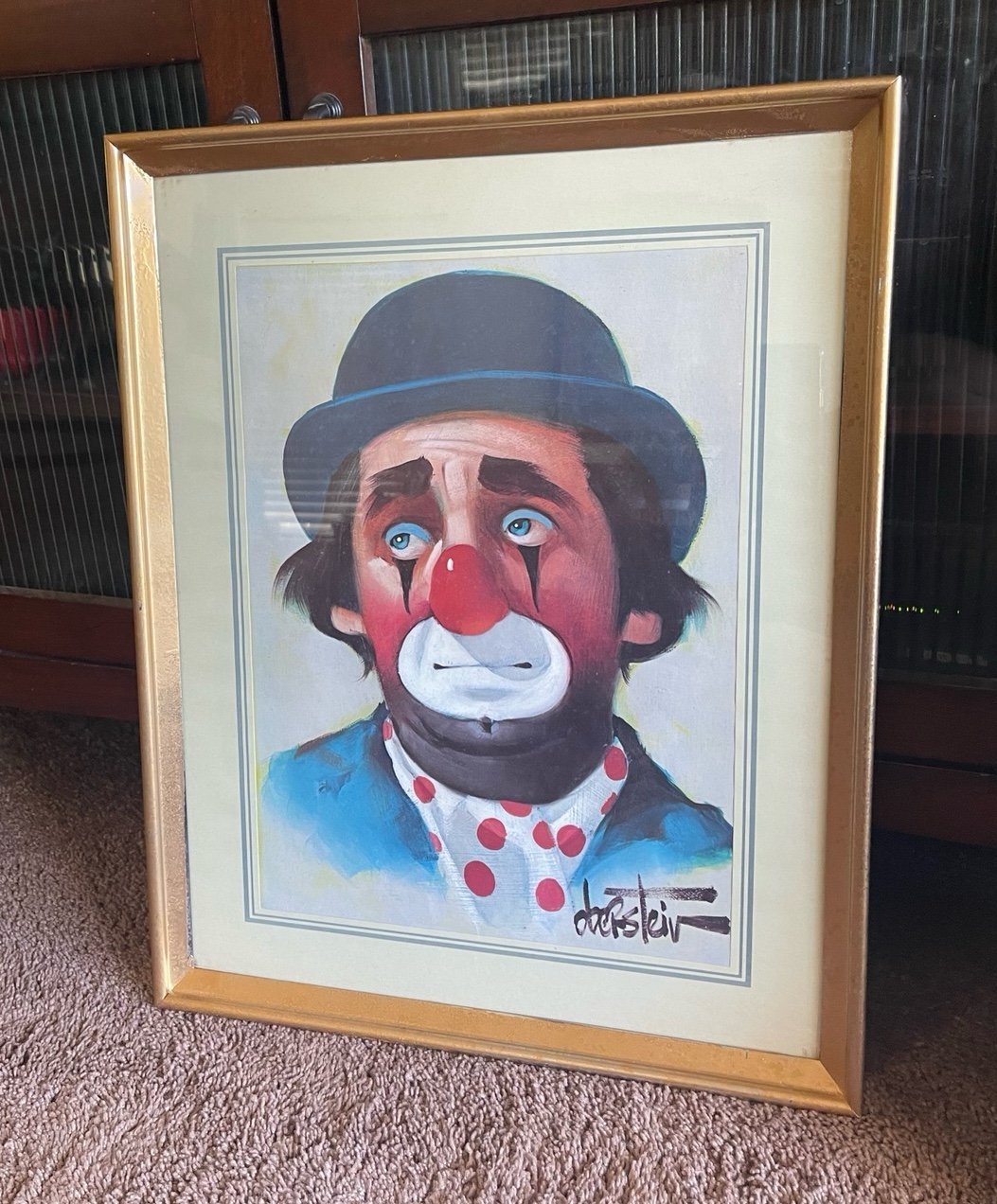 Sad faced clown art framed signed Oberstein