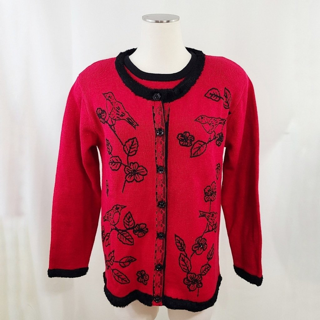 Storybook Knits red black bird cardigan sweater 2 pc coord set size small
