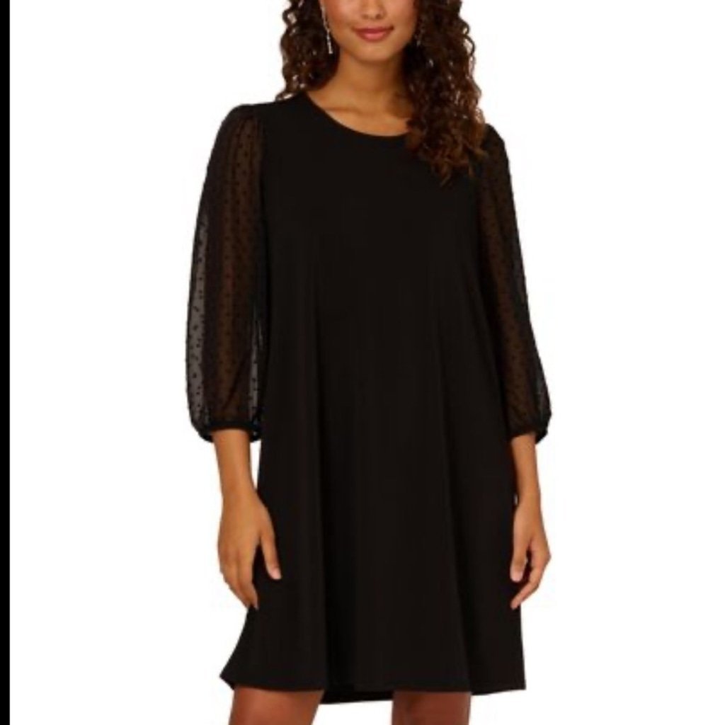 New! Adrianna Papell Party Crew Neck black Dot 3/4 sleeves Dress