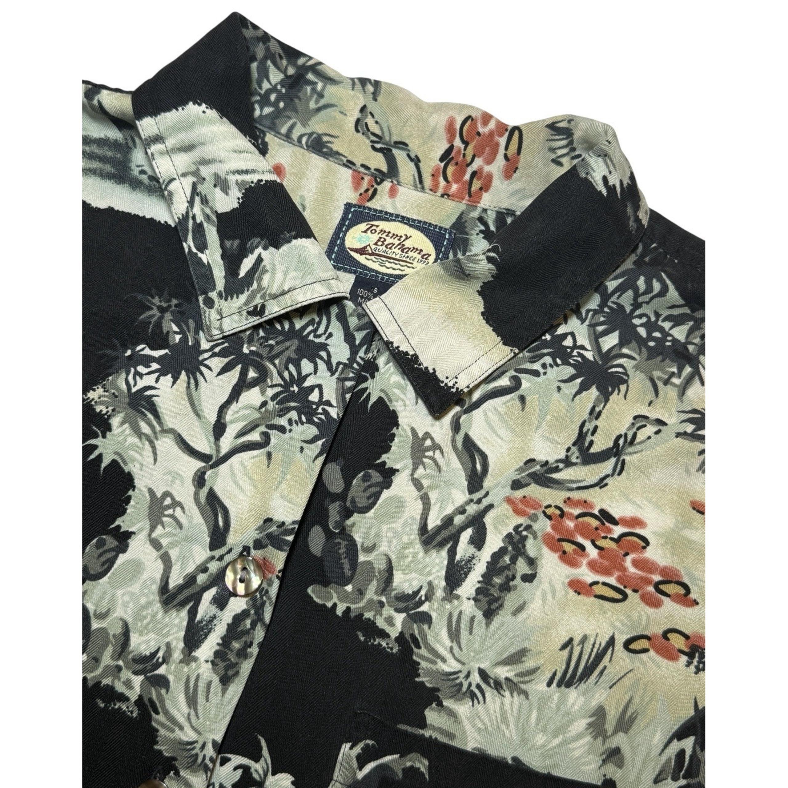Tommy Bahama Silk Shirt Women's S Black Tropical Hawaiian Button Up Short Sleeve