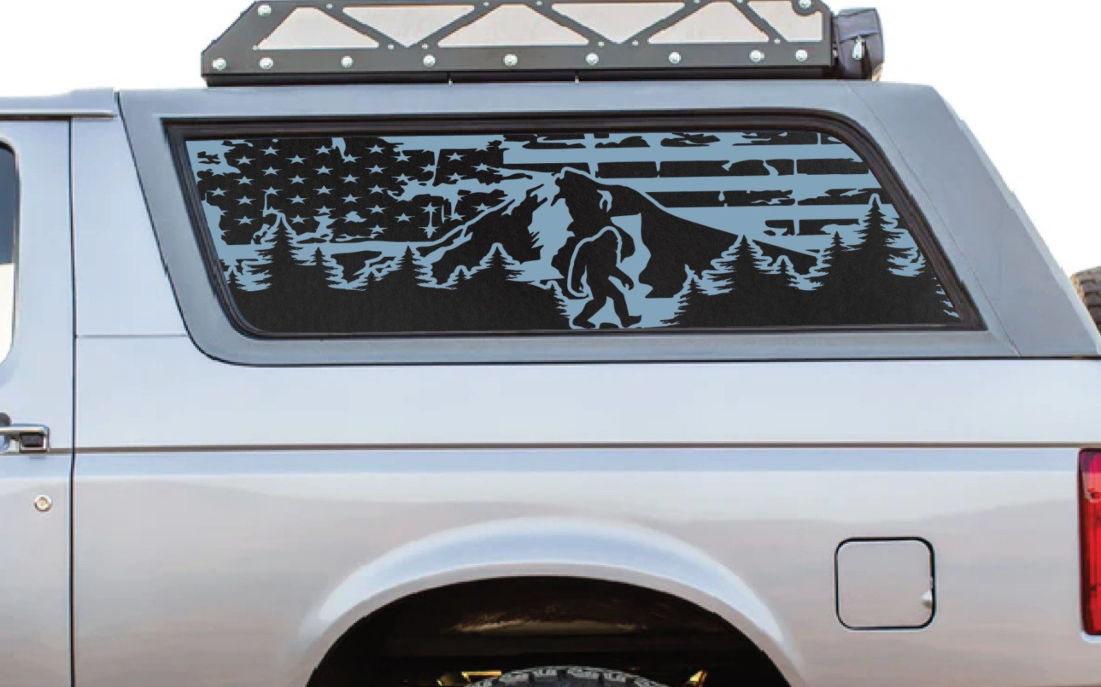 Distressed American Flag & Mountains Vinyl Decal Fits Most Camper Shells