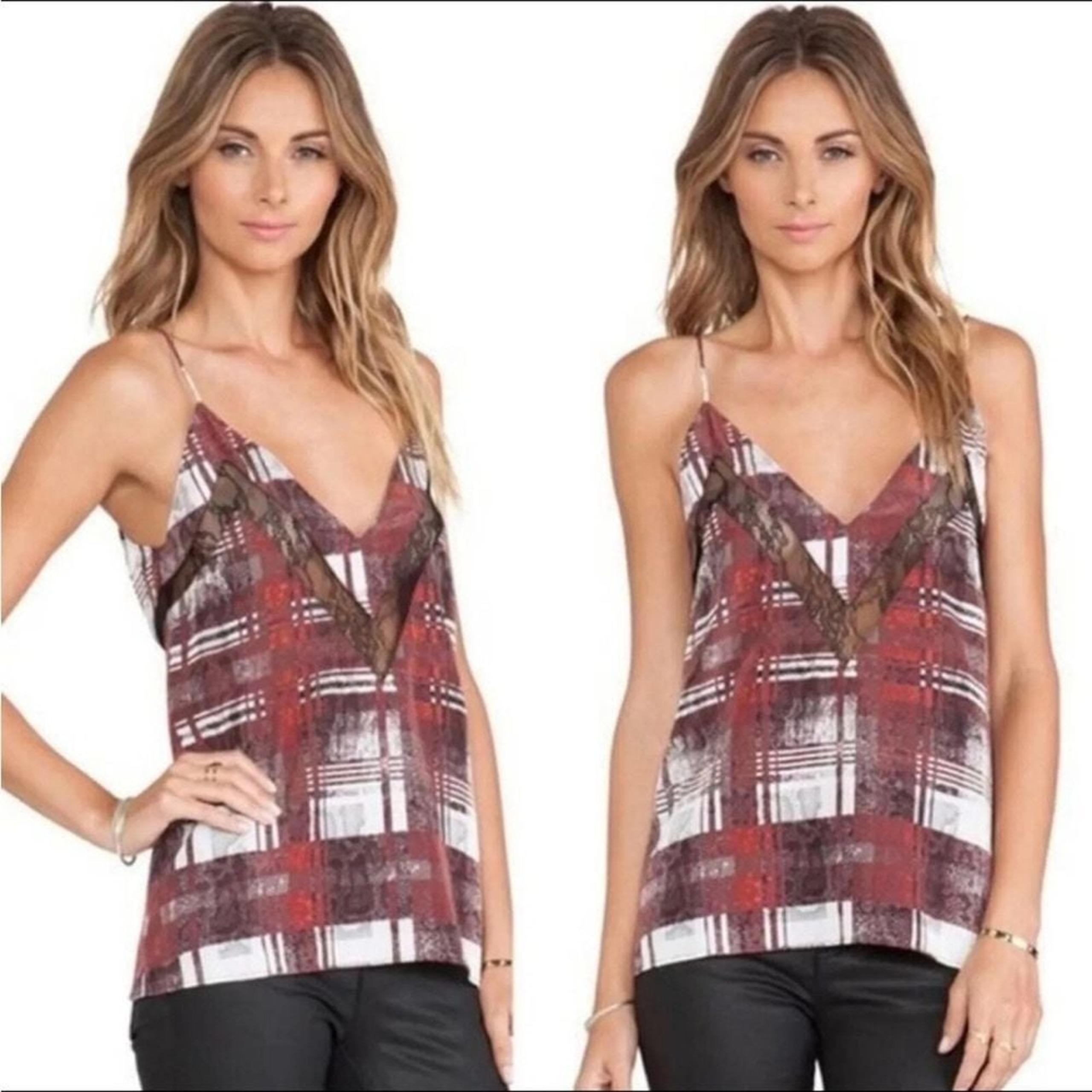 Lovers + Friends Camisole Tank Top Black Lace Red & Gray Plaid Print Size L
